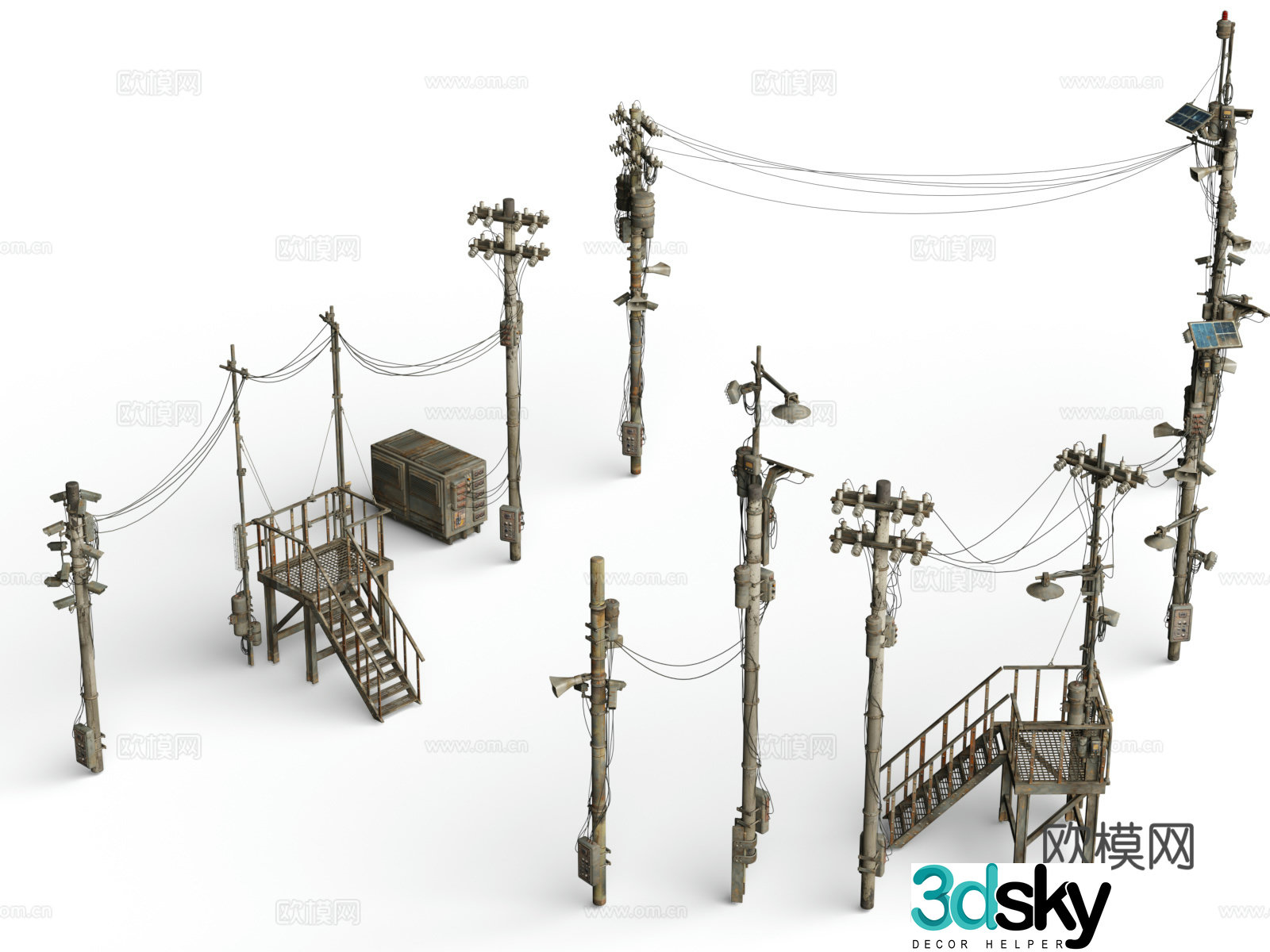 Telephone poles Wire lines Slums Building Wasteland Style Retro Style Future Doomsday Wind 3D Model