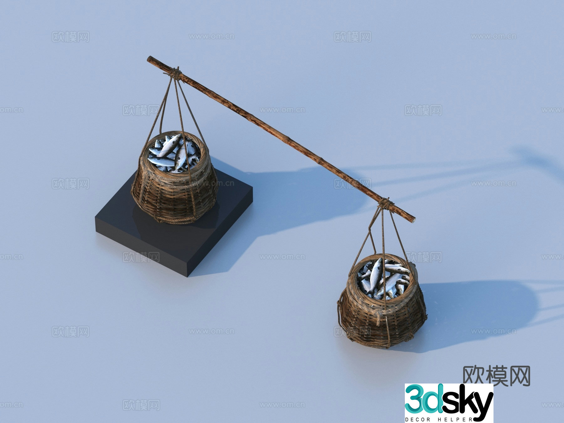 Bamboo pole fish basket fish gear weaving container 3d model