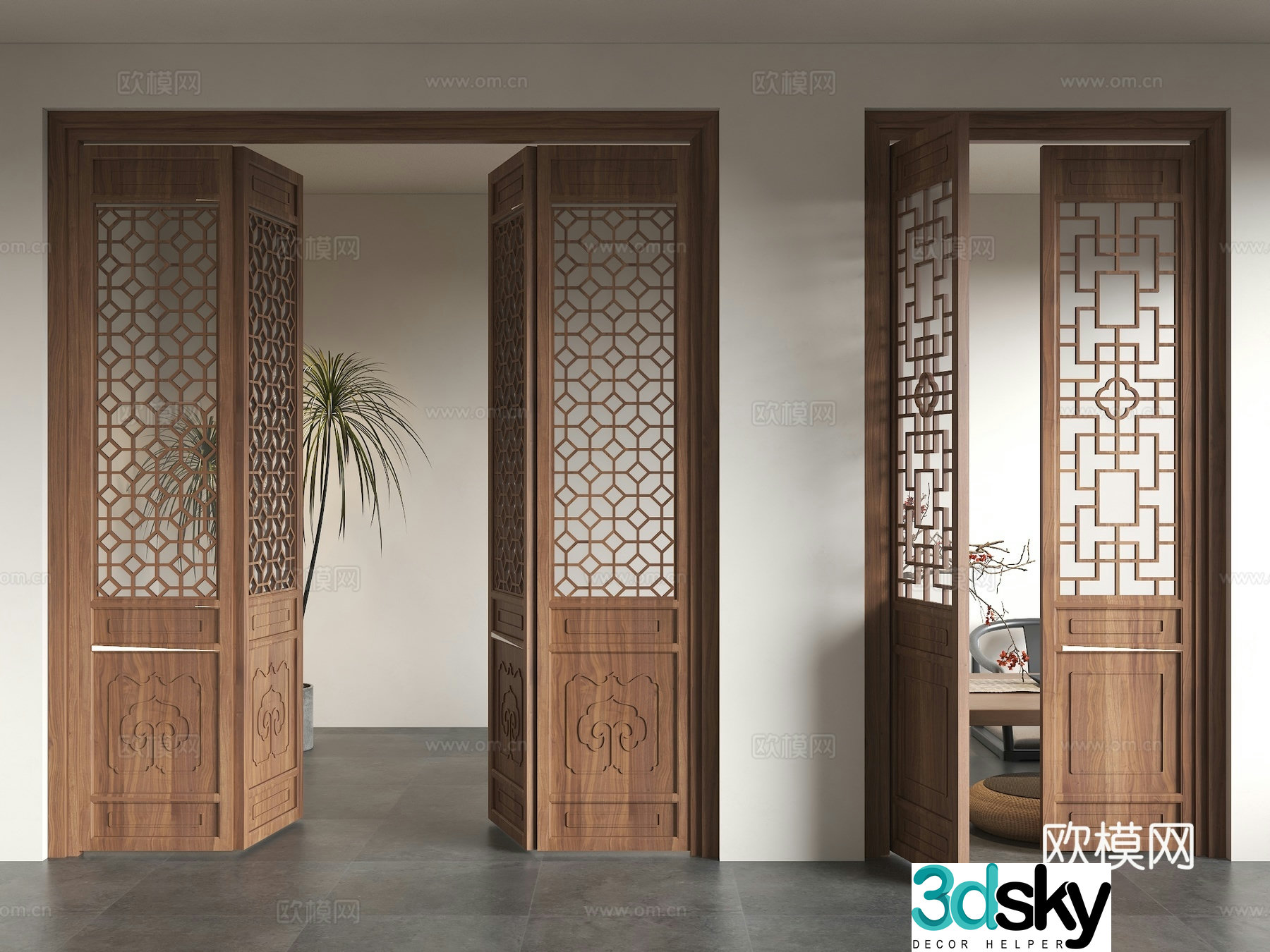Chinese style doors and windows ancient building doors lattice doors antique wooden doors solid wood grids carved doors hollow flower 3D model