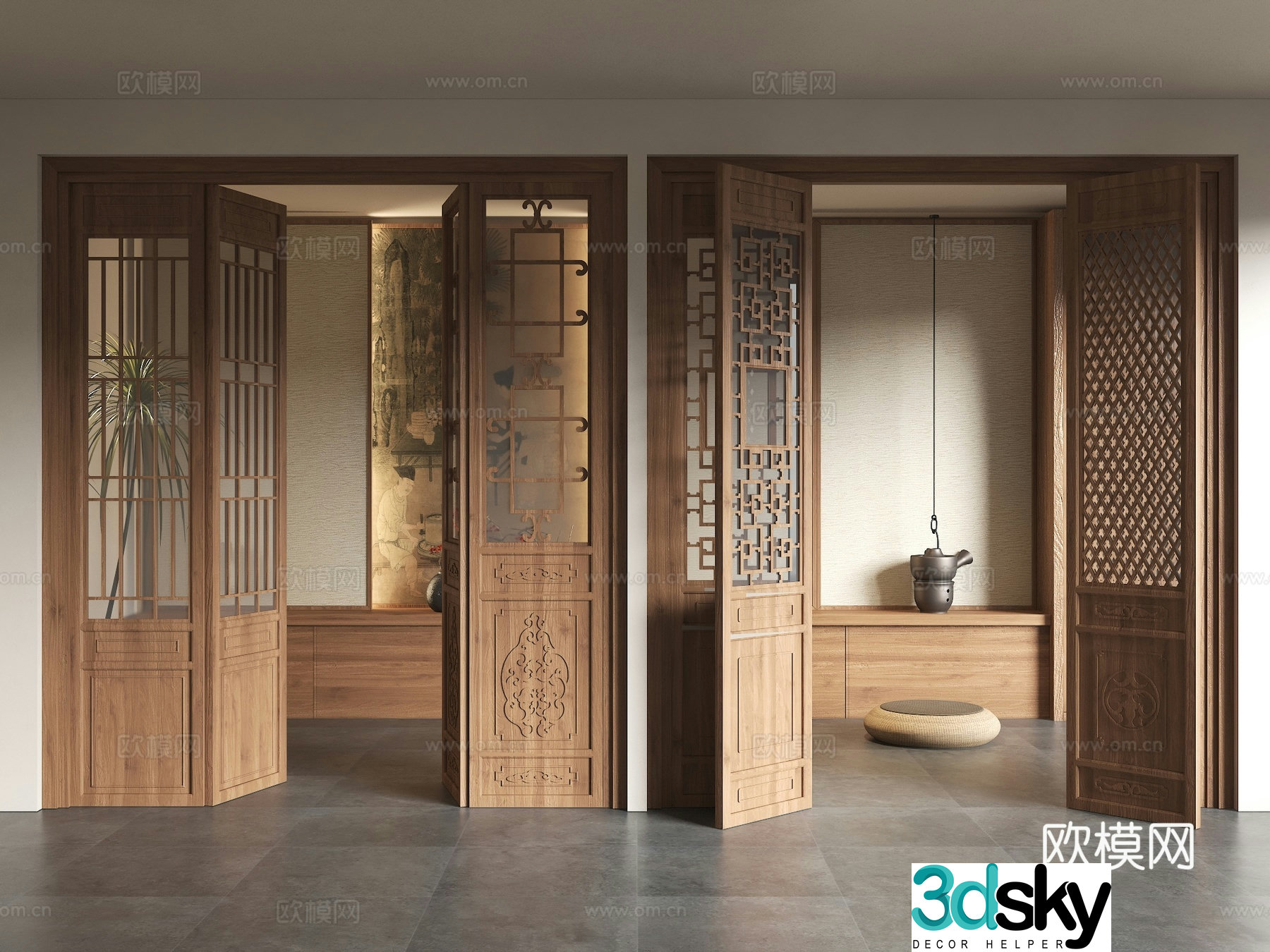 Chinese style doors and windows ancient building doors lattice doors antique wooden doors solid wood grids carved doors hollow flower 3D model