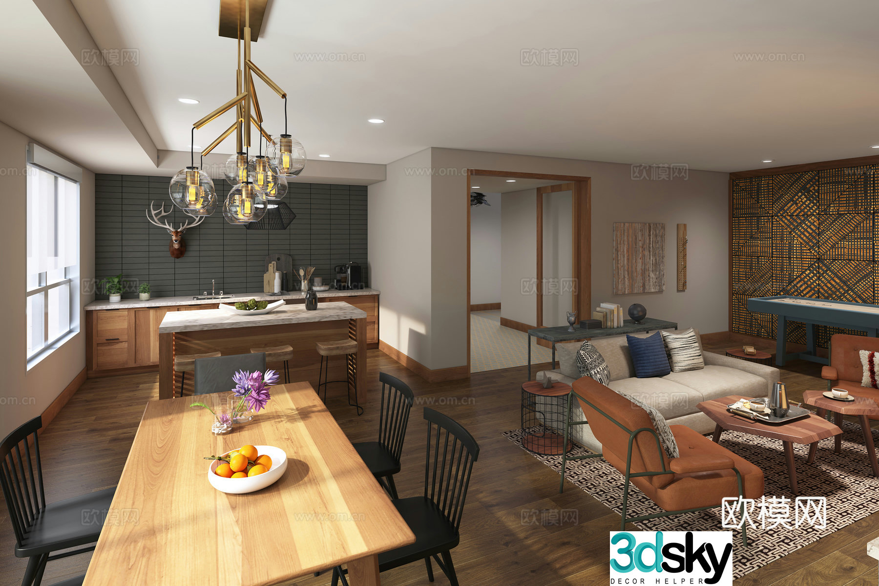 American apartment living and dining room chandeliers dining table and chair chandeliers 3d model