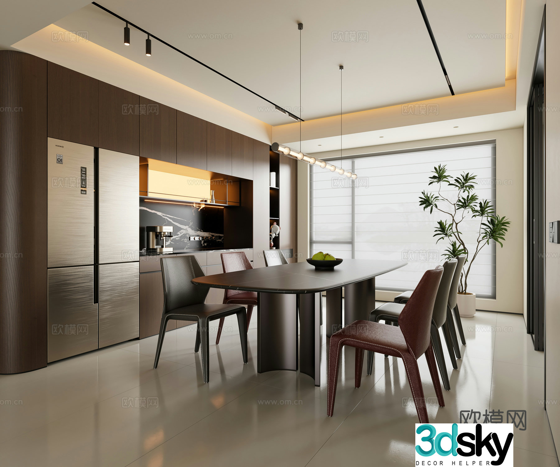 Modern Italian restaurant dining table and chair chandeliers wine cabinet sideboard 3d model