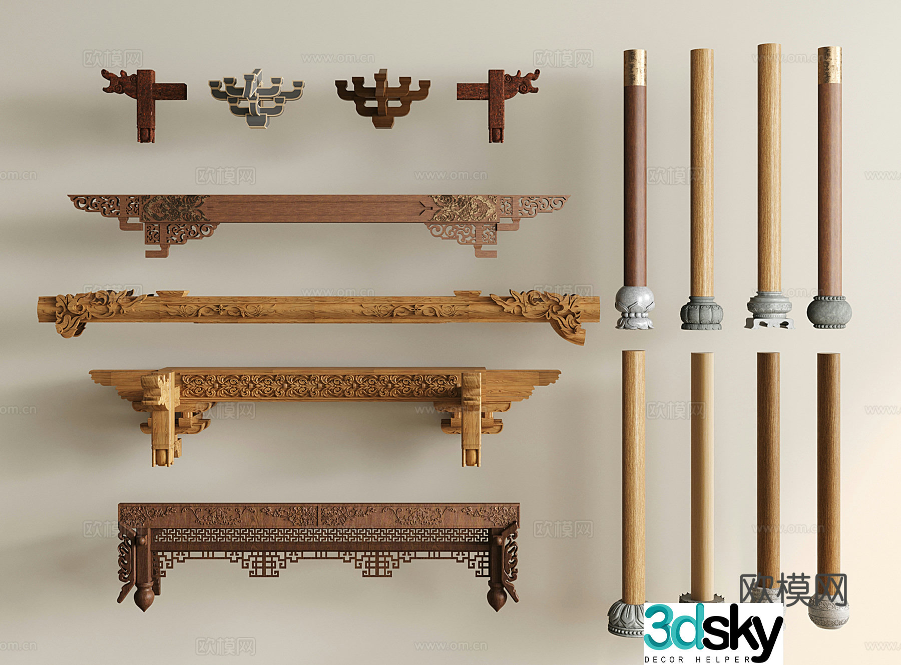 New Chinese columns door columns column foundation stones Chinese painted wooden beams cross beams Chinese architectural components 3D model