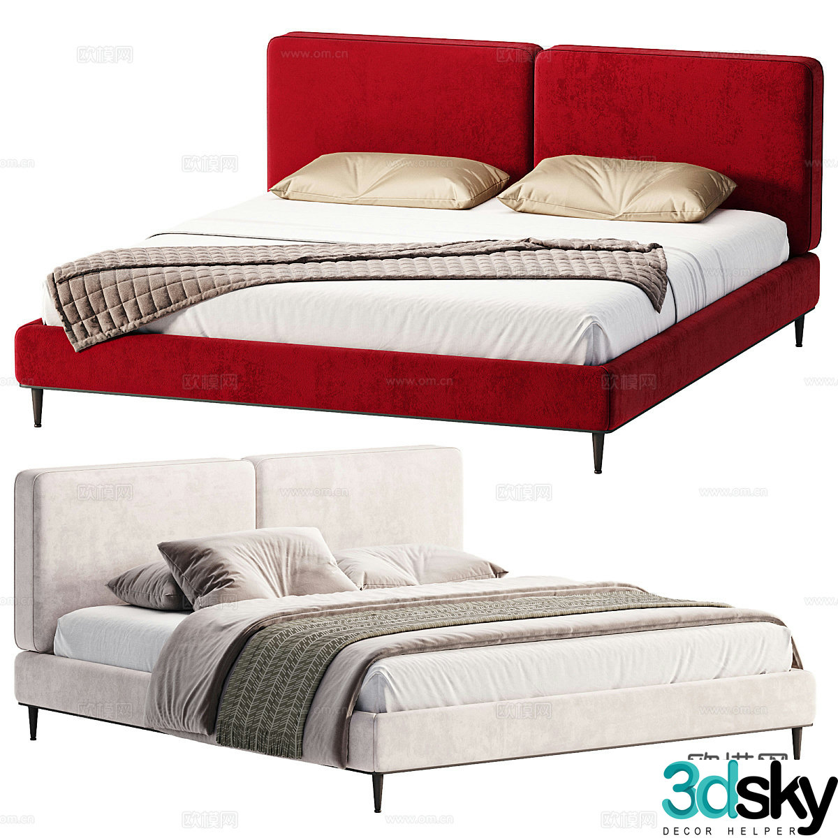Modern Italian minimalist fabric double bed 3D model