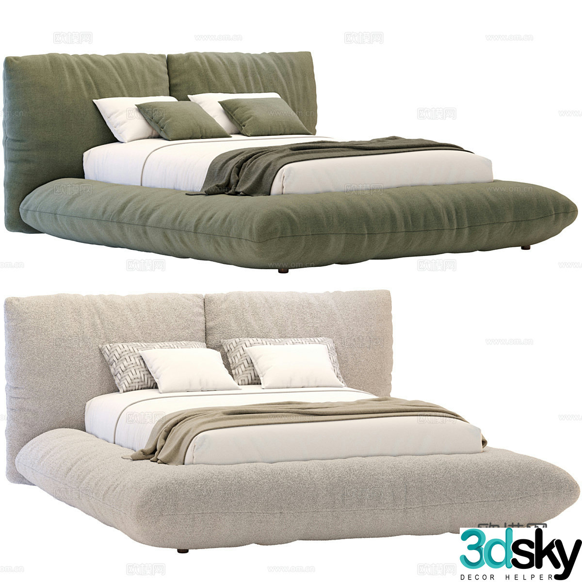 Modern cream style fabric double bed 3d model