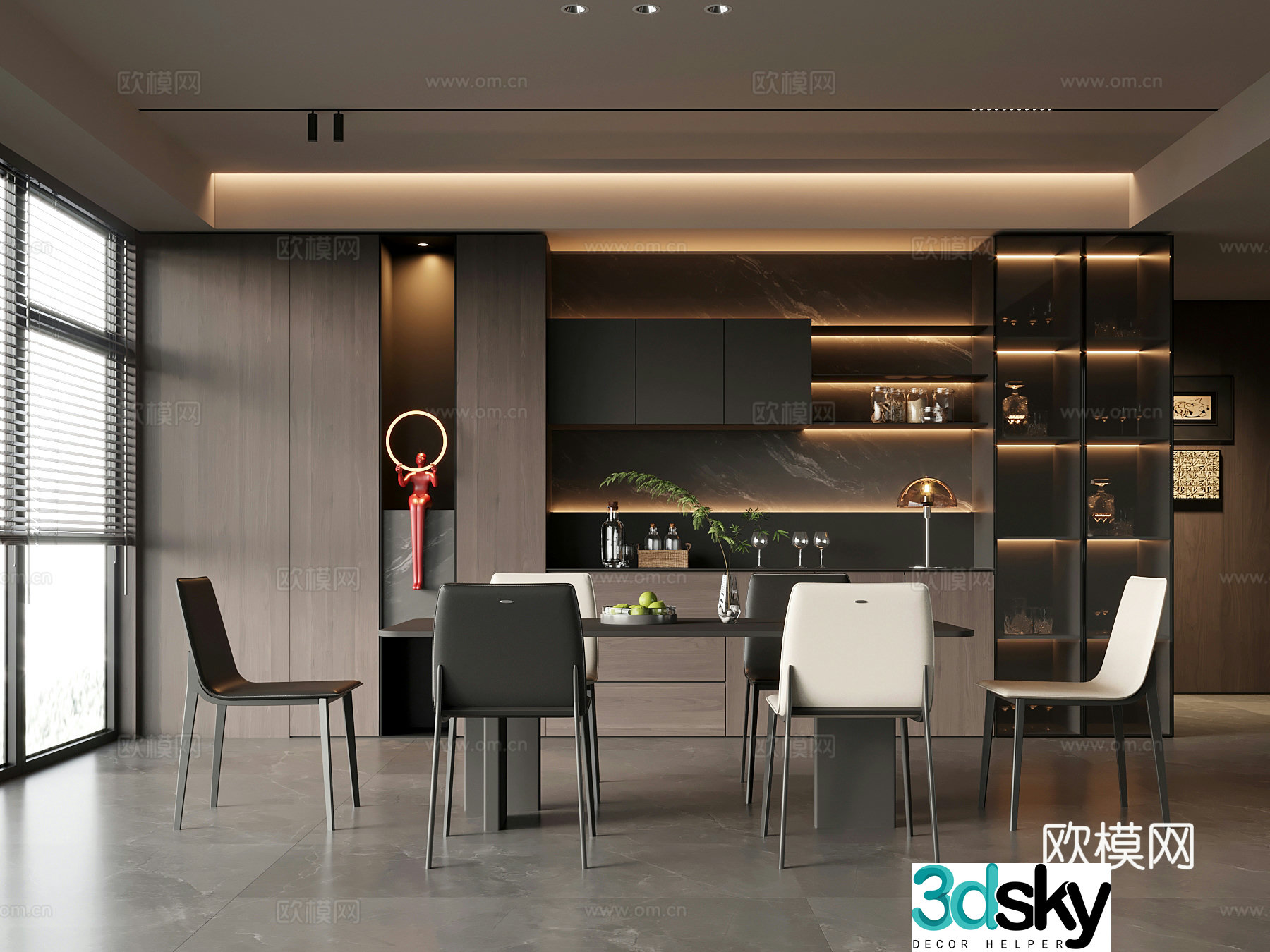 Home restaurant Modern Italian restaurant Wine cabinet Dining table and chair combination 3D model