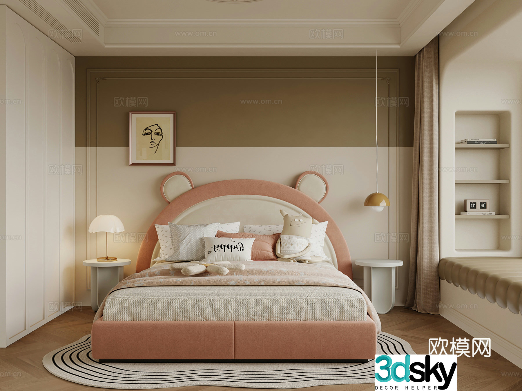 French children’s room double bed bay window girl’s room 3d model