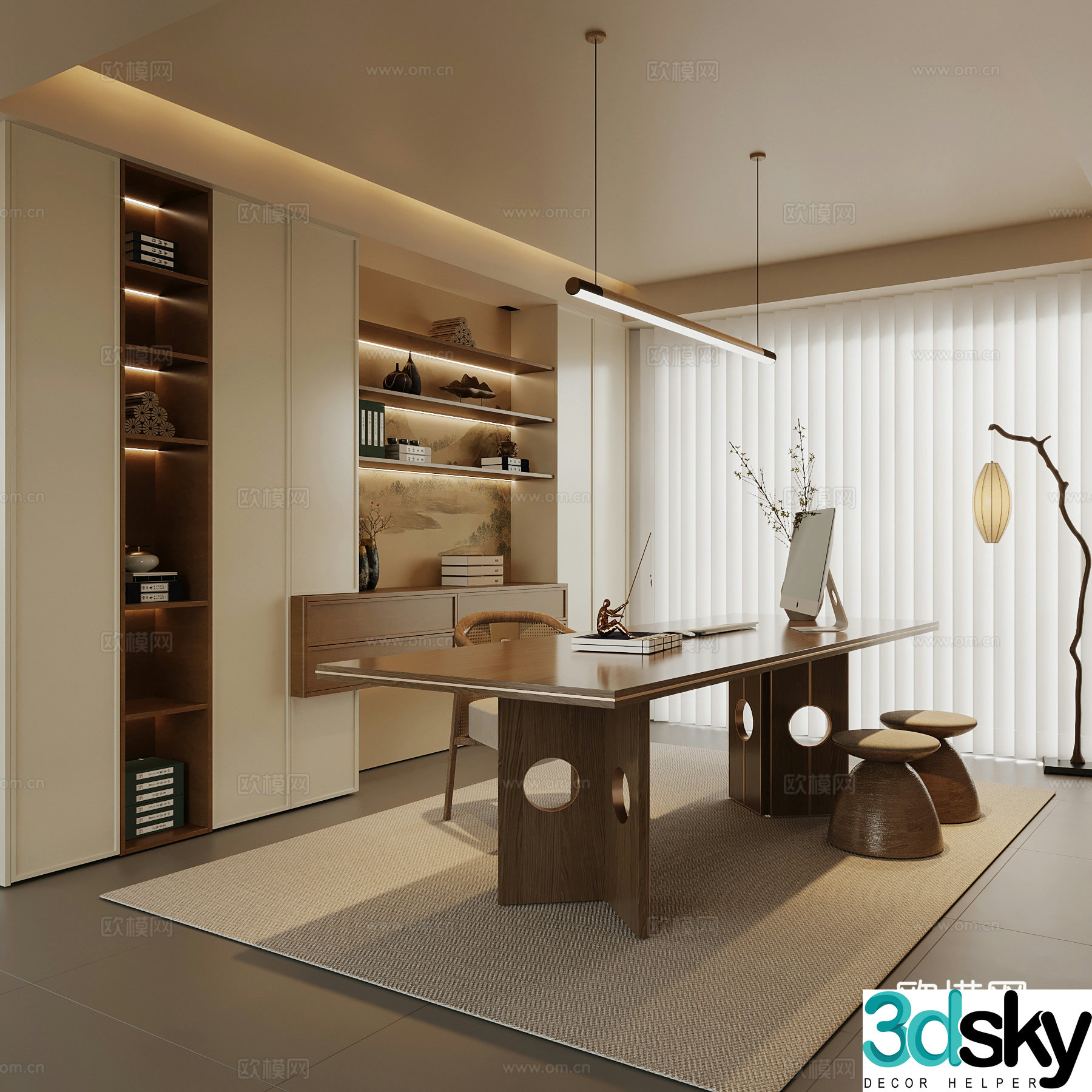 New Chinese study desk bookcase 3d model