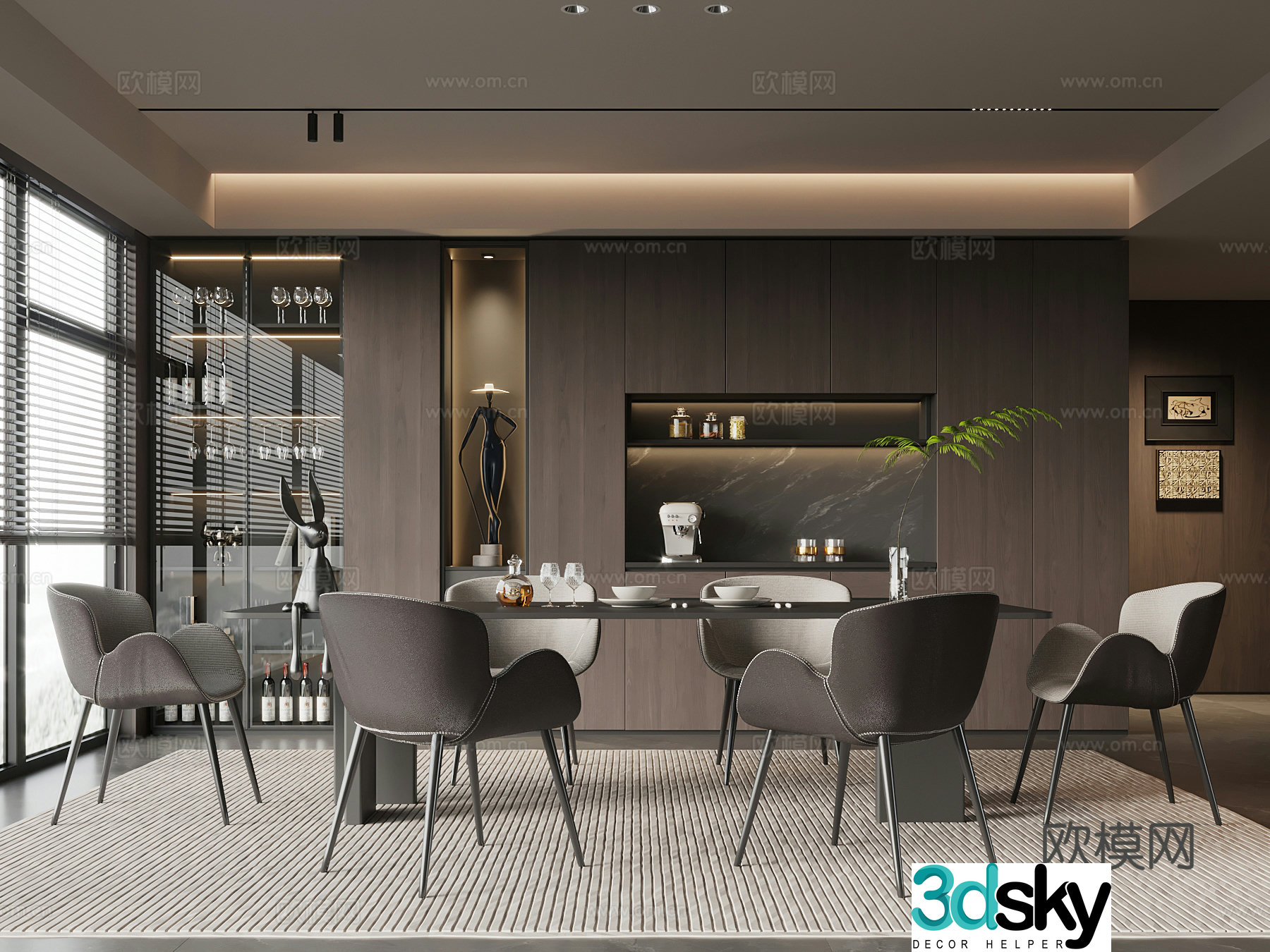 Home restaurant Modern Italian restaurant Wine cabinet Dining table and chair combination 3D model