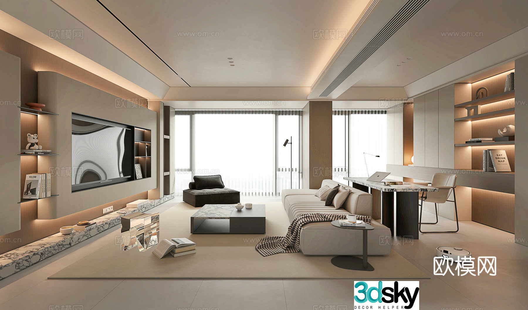 Modern style living and dining room without owner lights Living room and study integrated 3d model 3d model