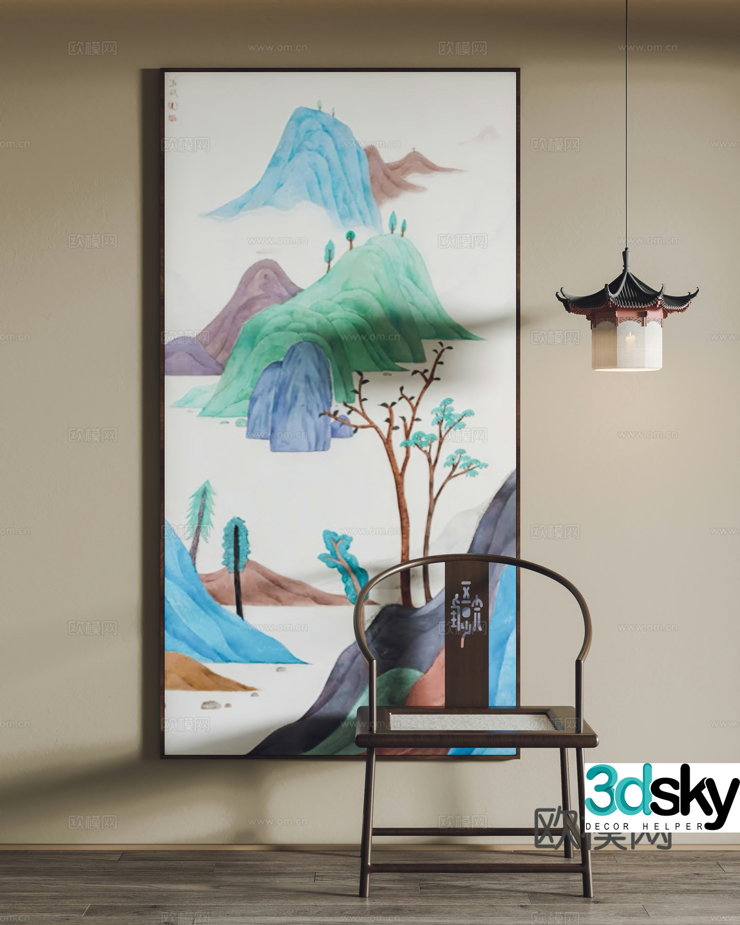 New Chinese style hanging paintings decorative paintings single chairs chandeliers 3D model