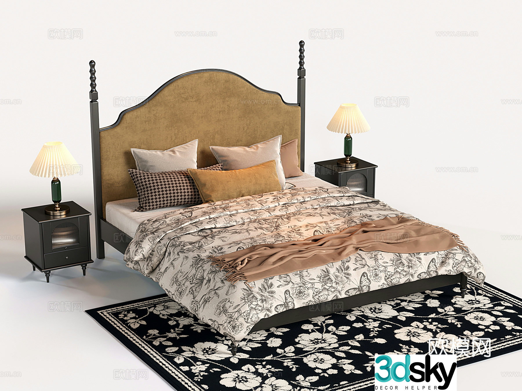 French retro double bed nightstand double bed 3d model