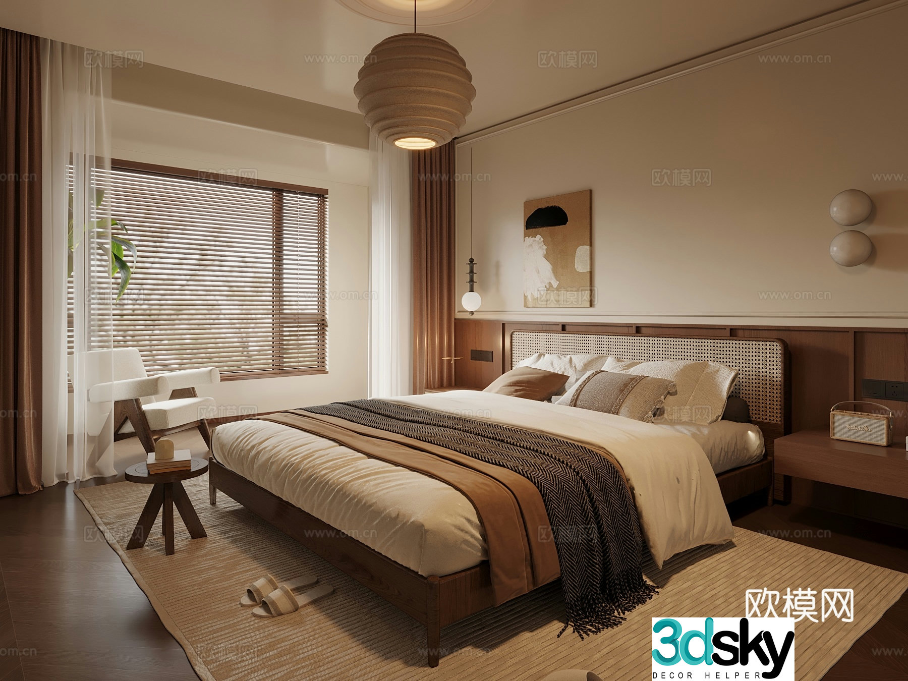 Middle style bedroom double bed 3d model