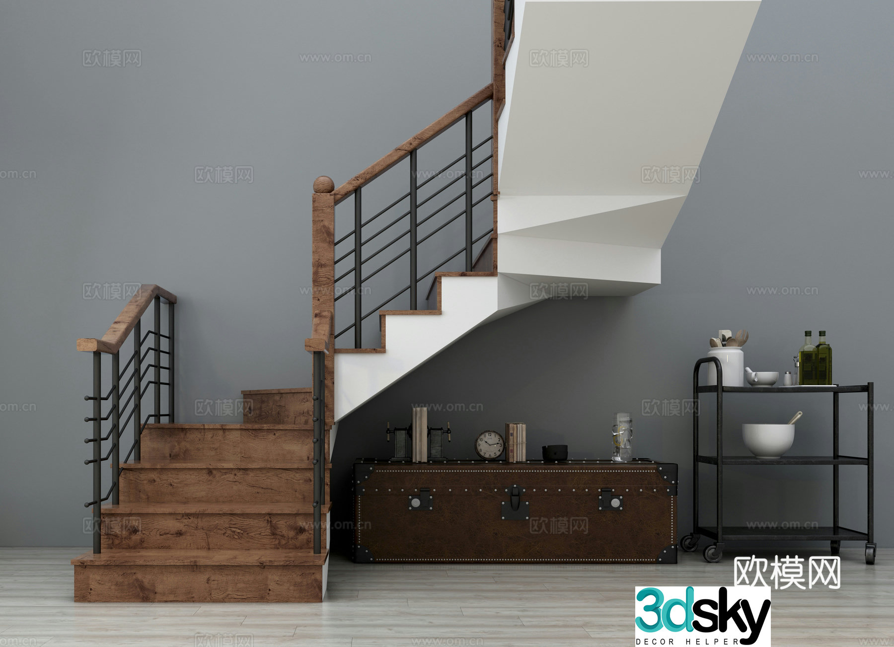 Industrial style stair handrail TV cabinet rack iron staircase iron decorative rack wood 3d model