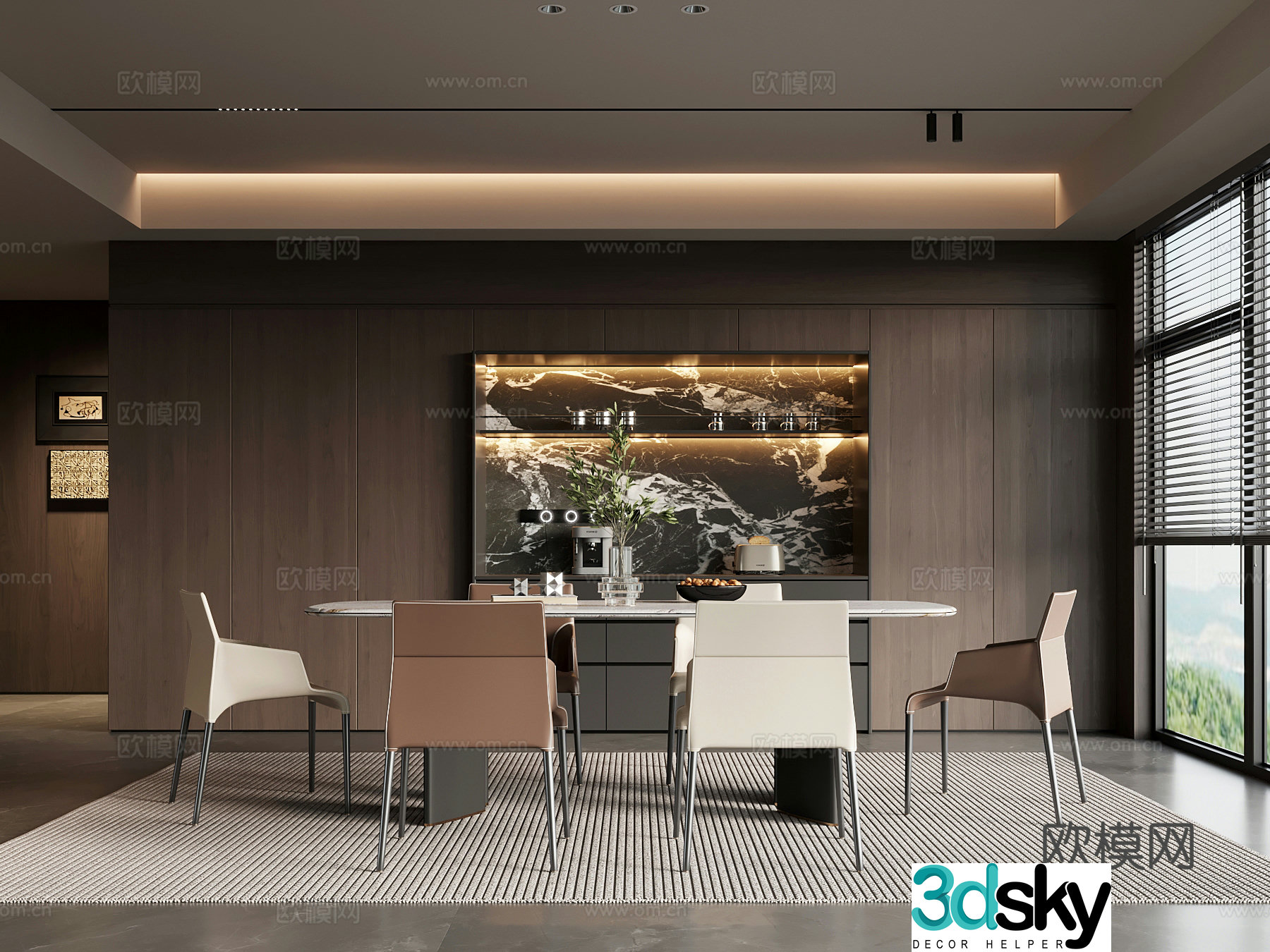 Home restaurant Modern Italian restaurant Wine cabinet Dining table and chair combination 3D model