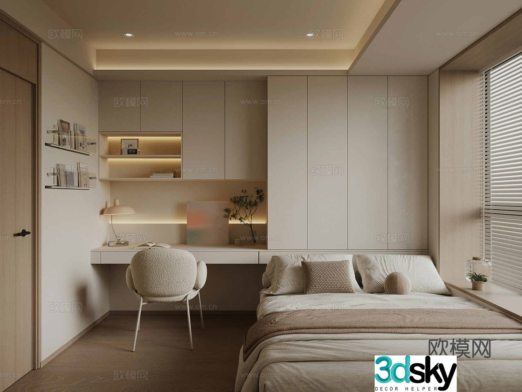 Modern creamy style tatami bedroom 3d model