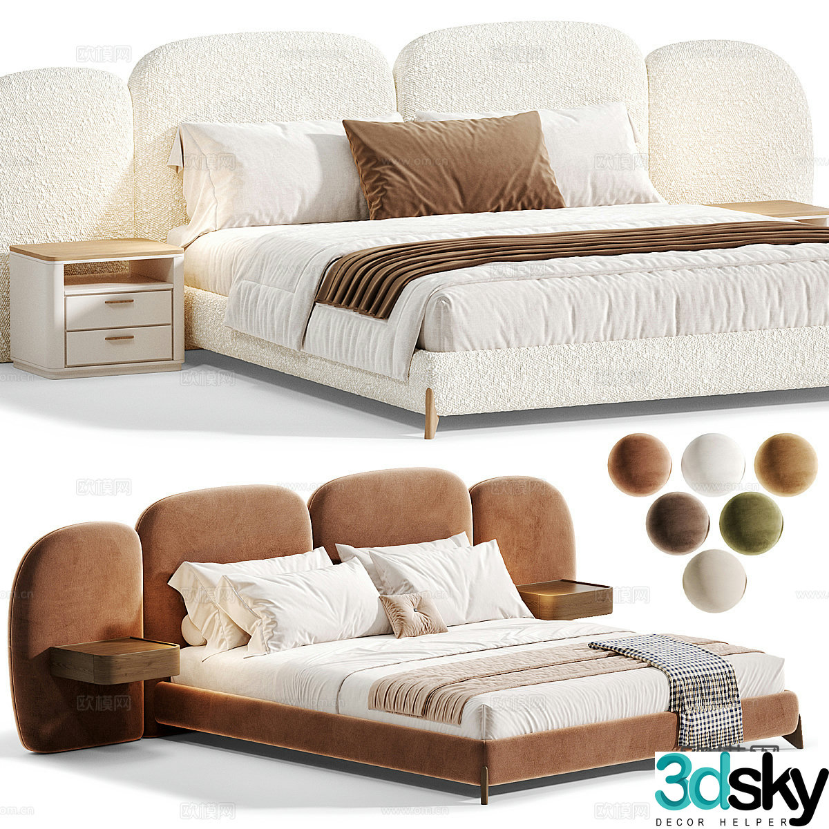 Modern cream style fabric double bed 3d model