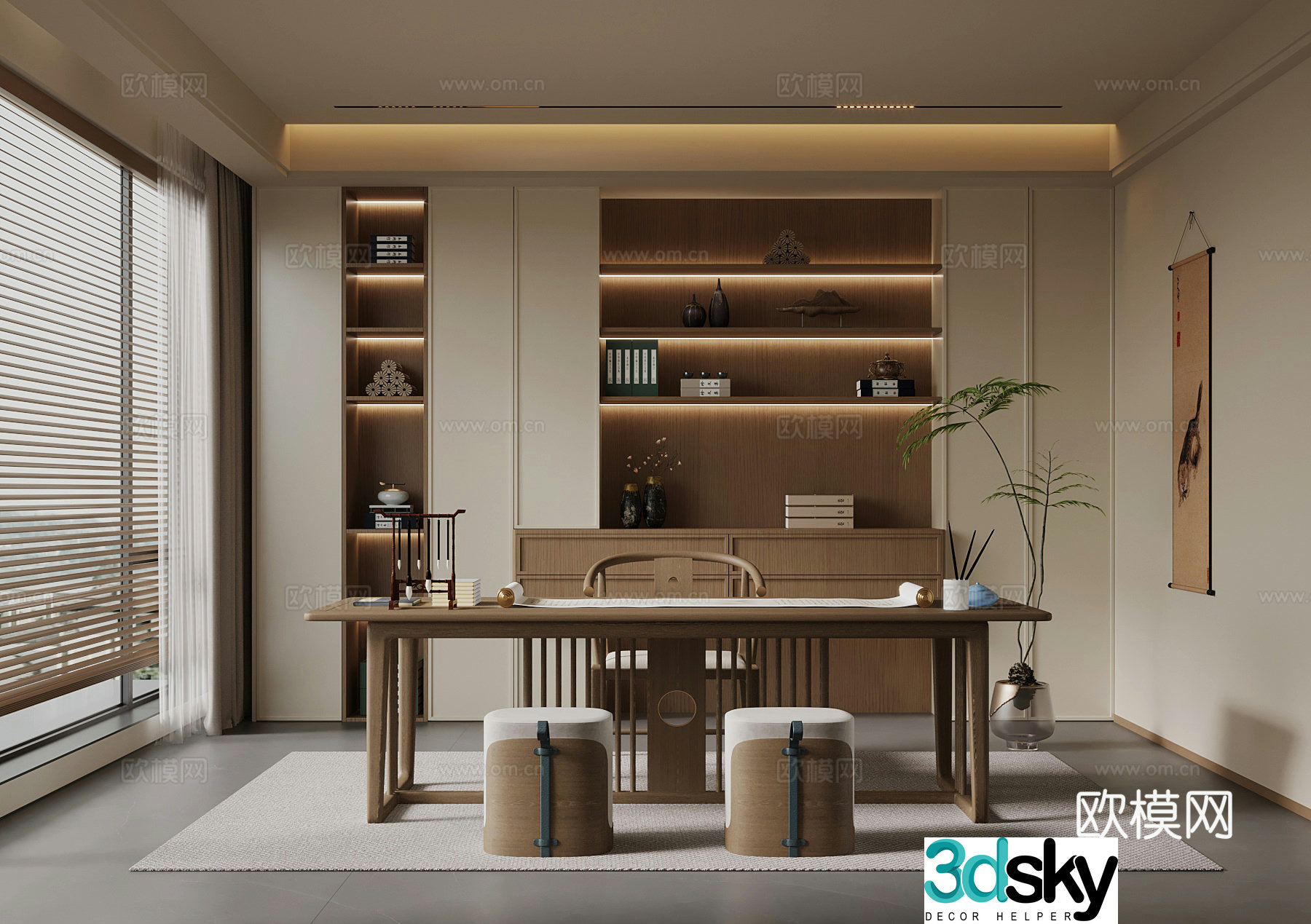 New Chinese style study tea room desk and chair 3D model