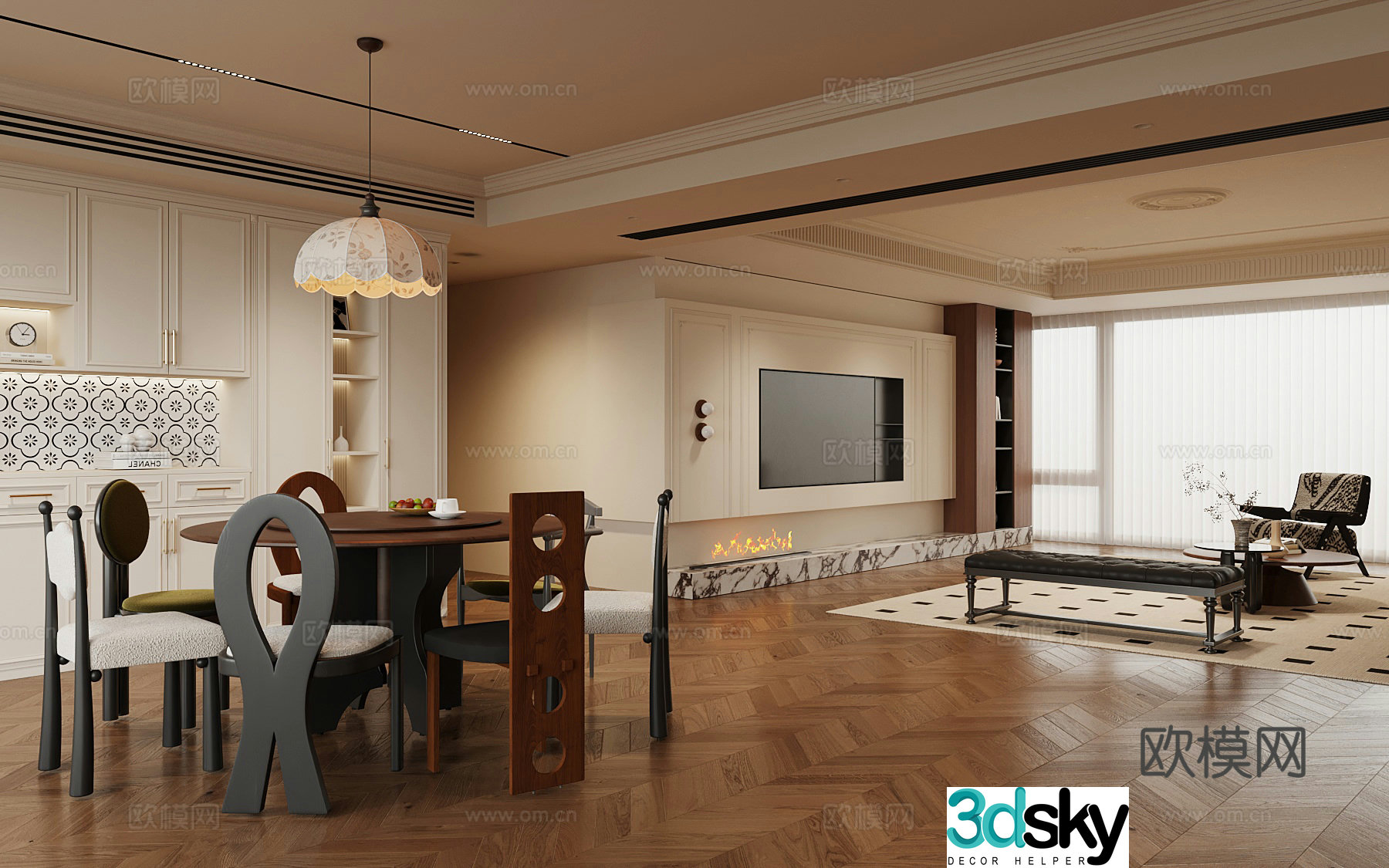 French medieval style living room dining room dining table and chair wine cabinet TV background wall 3d model