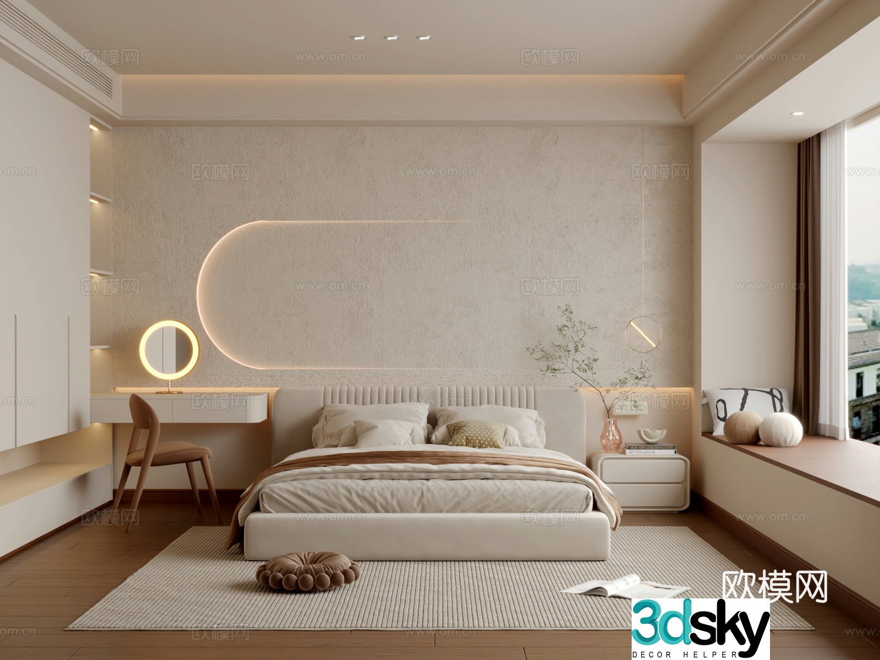 Modern creamy bedroom 3d model