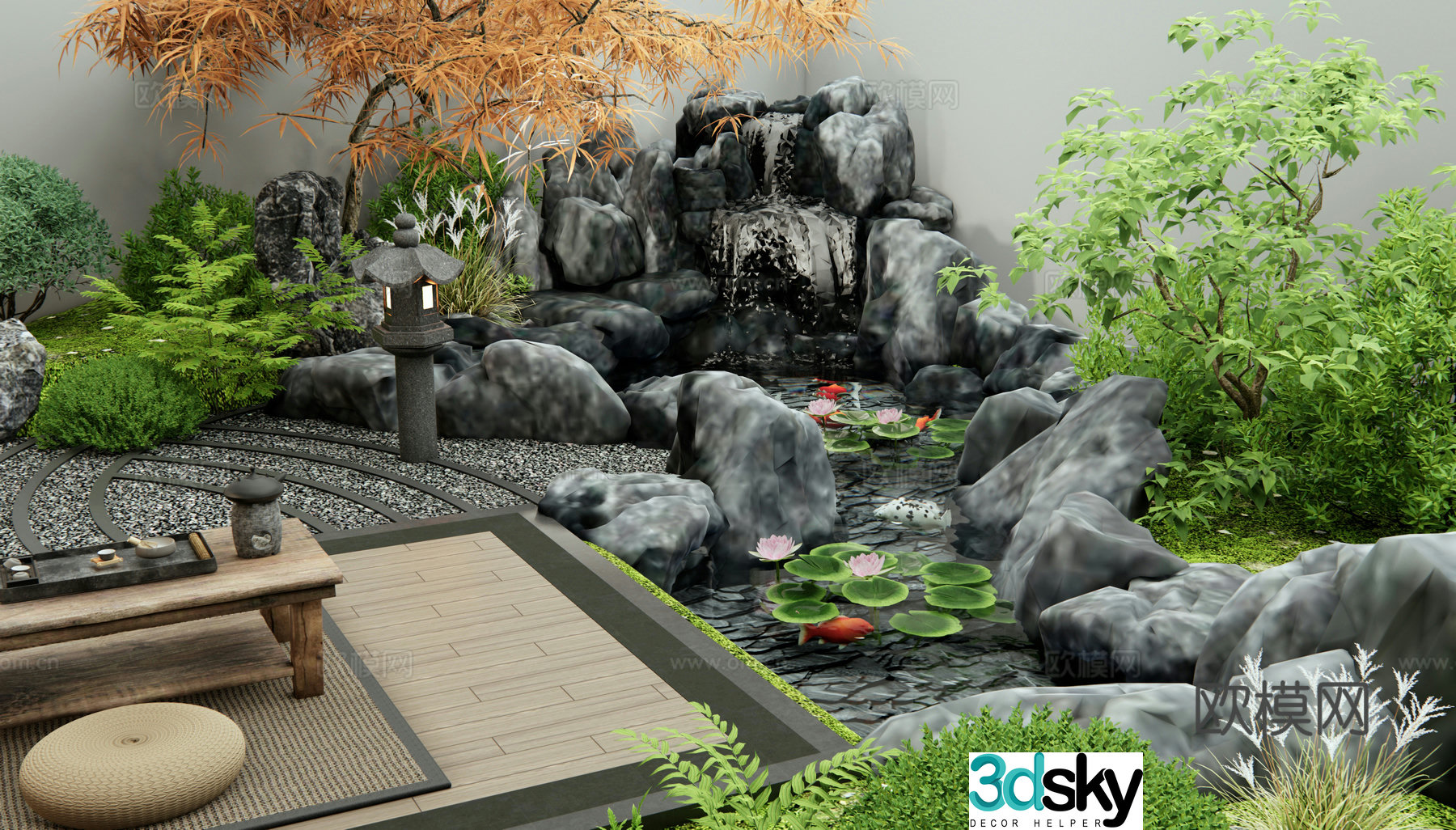 New Chinese rockery landscape garden fish pond shrub plant combination red maple lotus 3D model