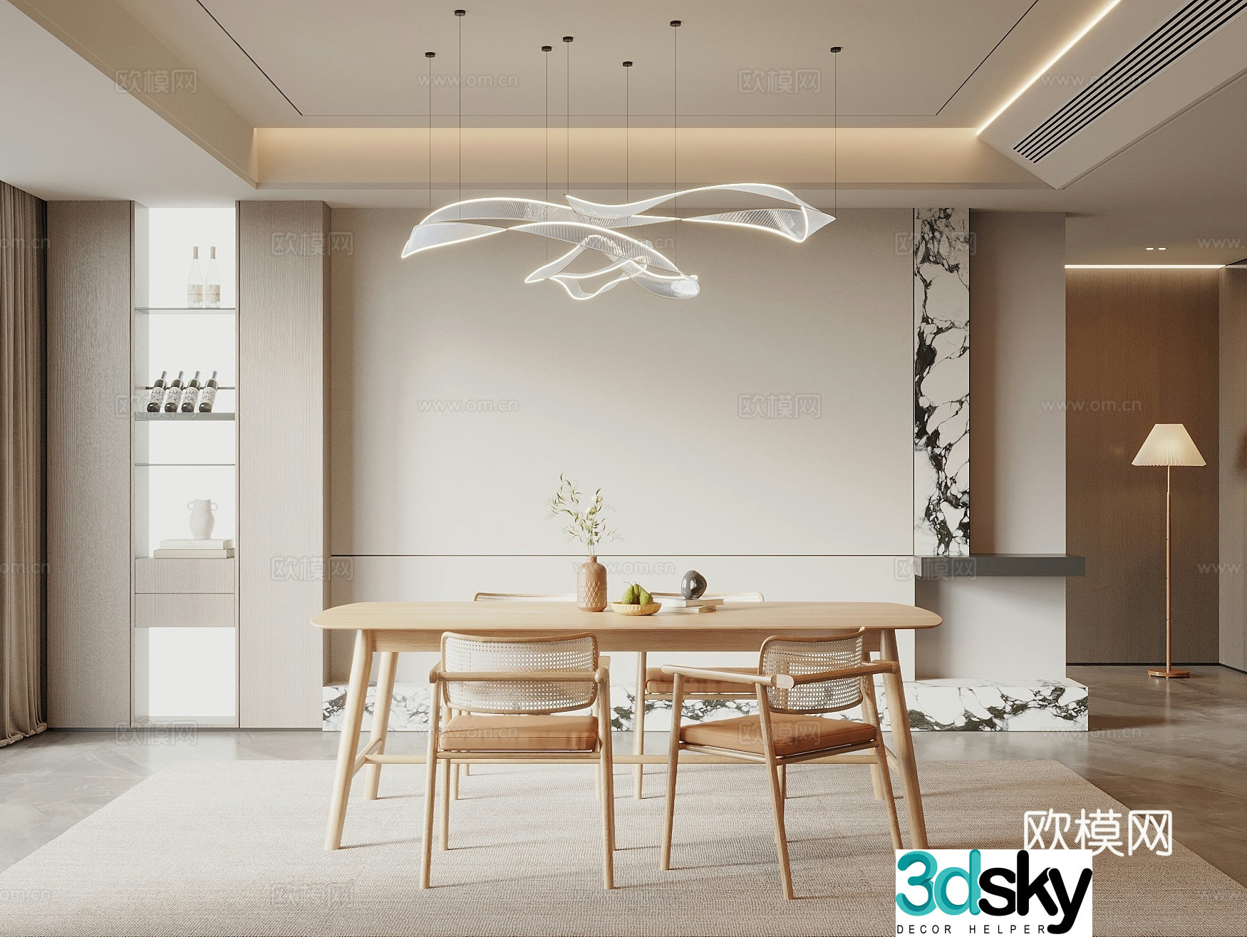 Modern log style restaurant dining table and chair combination sideboard wine cabinet art chandeliers 3D model