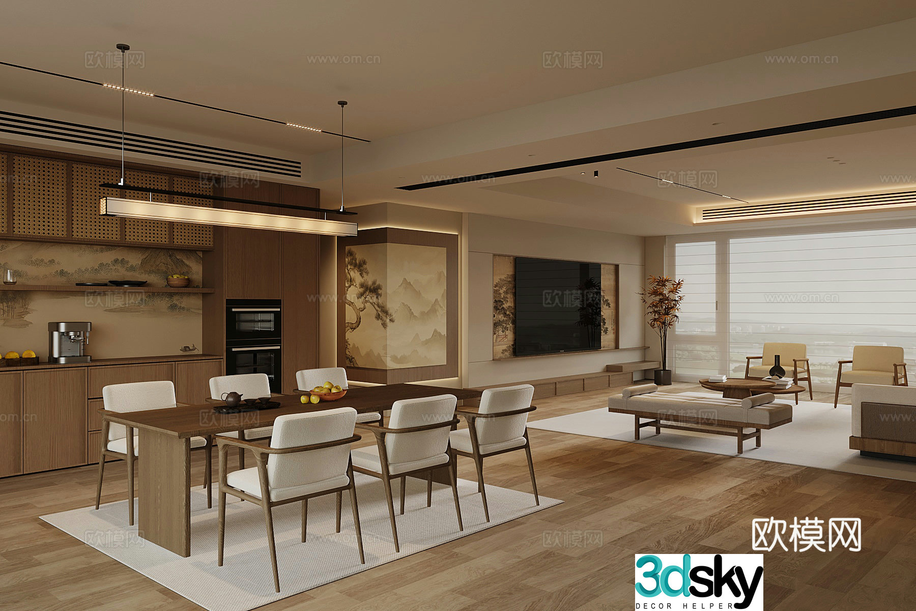 New Chinese style living room dining room living room TV background wall wine cabinet 3d model