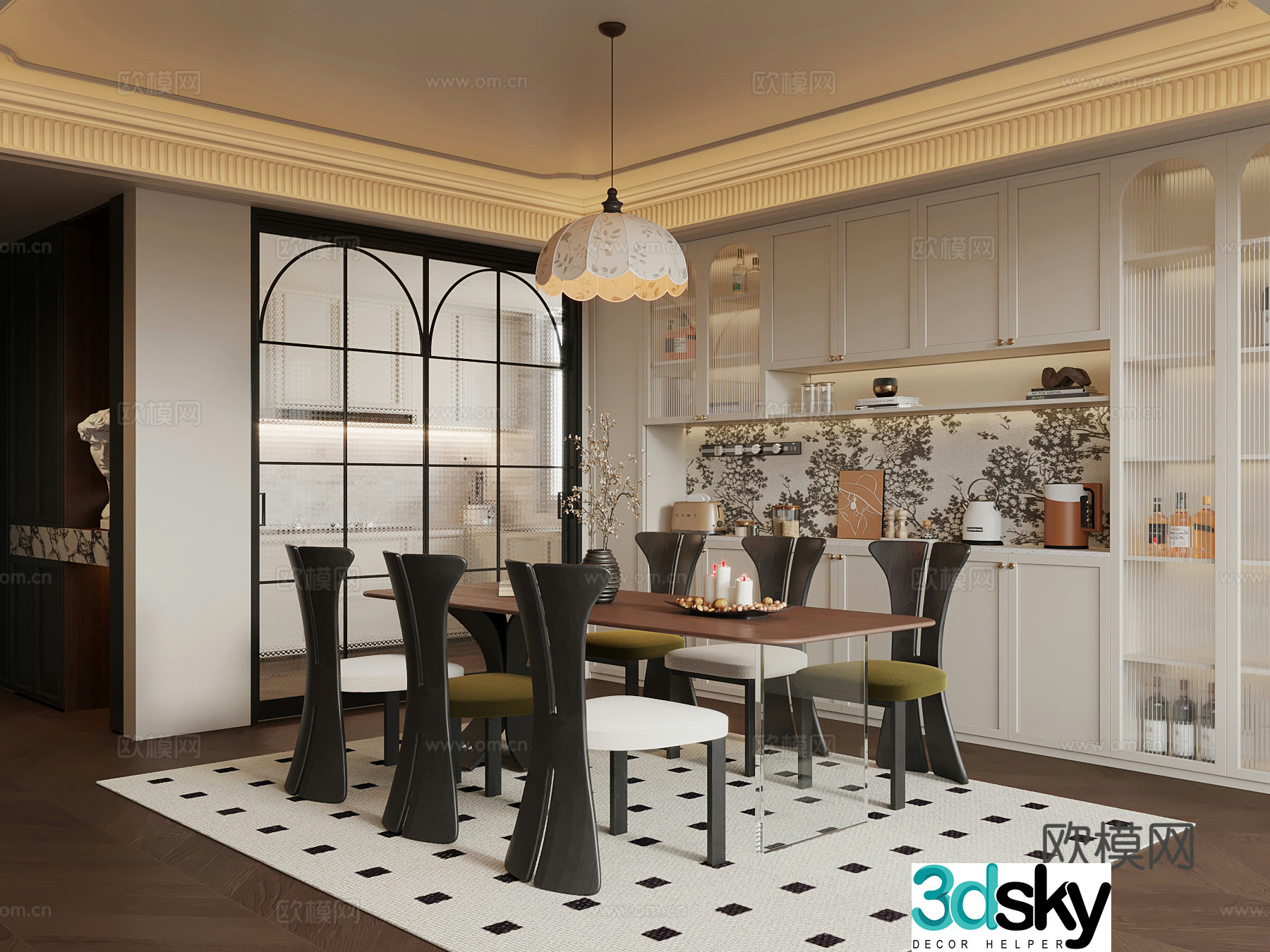 French restaurant wine cabinet dining table and chair 3d model