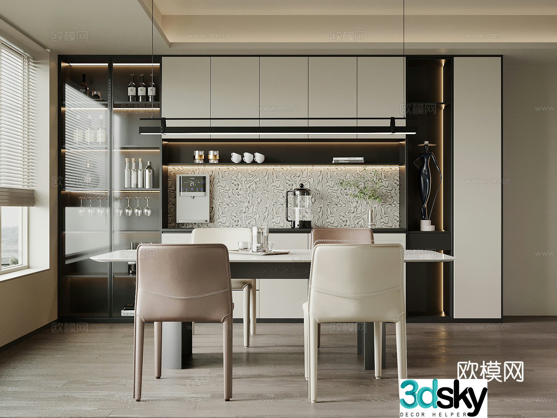 Modern restaurant wine cabinet dining table and chair 3d model