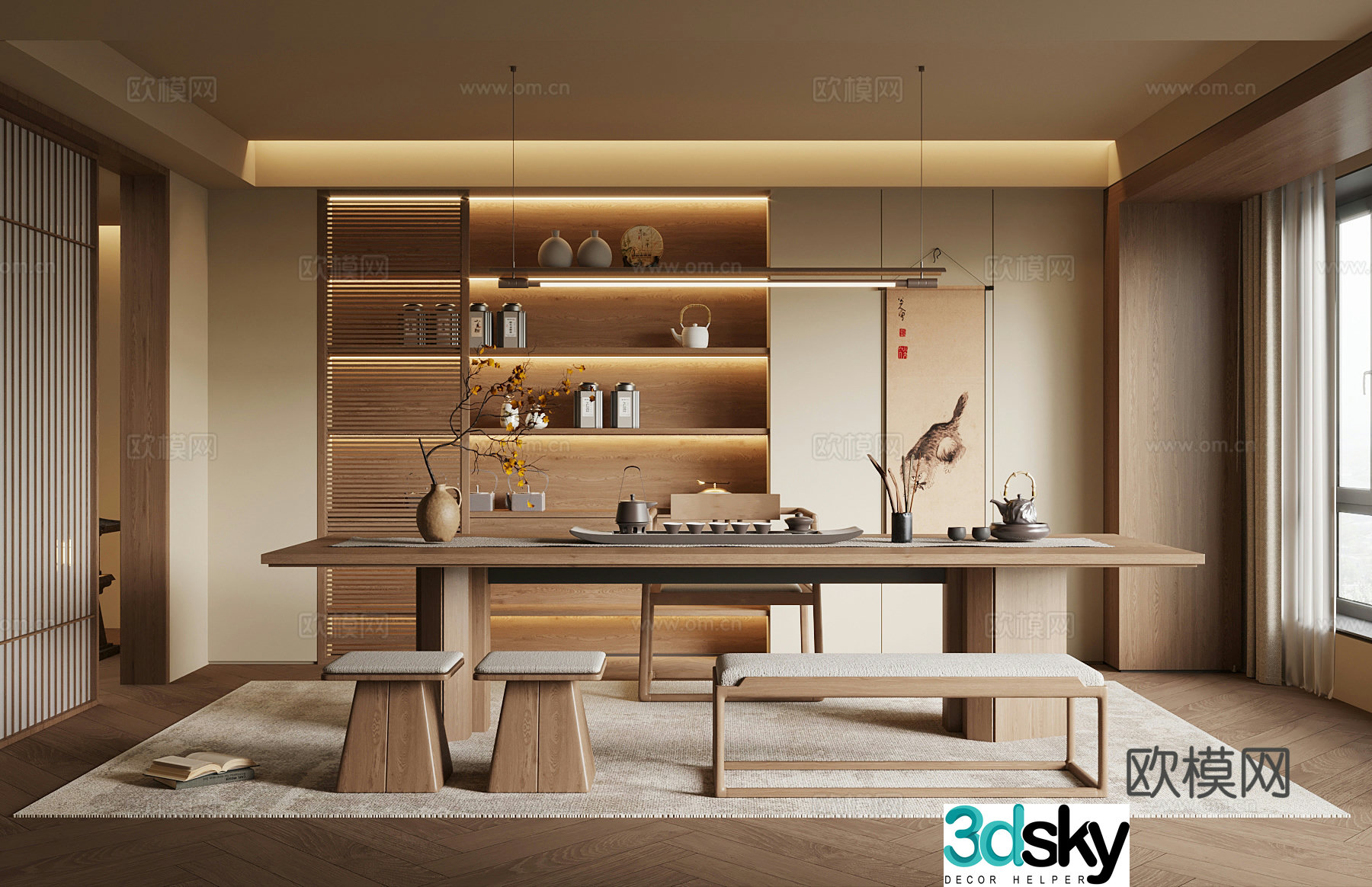 New Chinese-style tea room tea table and chair chandelier 3d model
