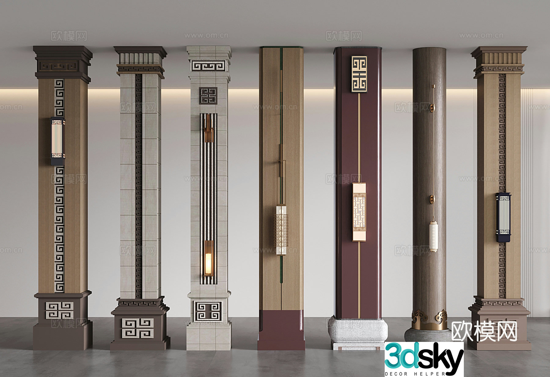 New Chinese column Square column Cylinder Modeling decorative column 3D model