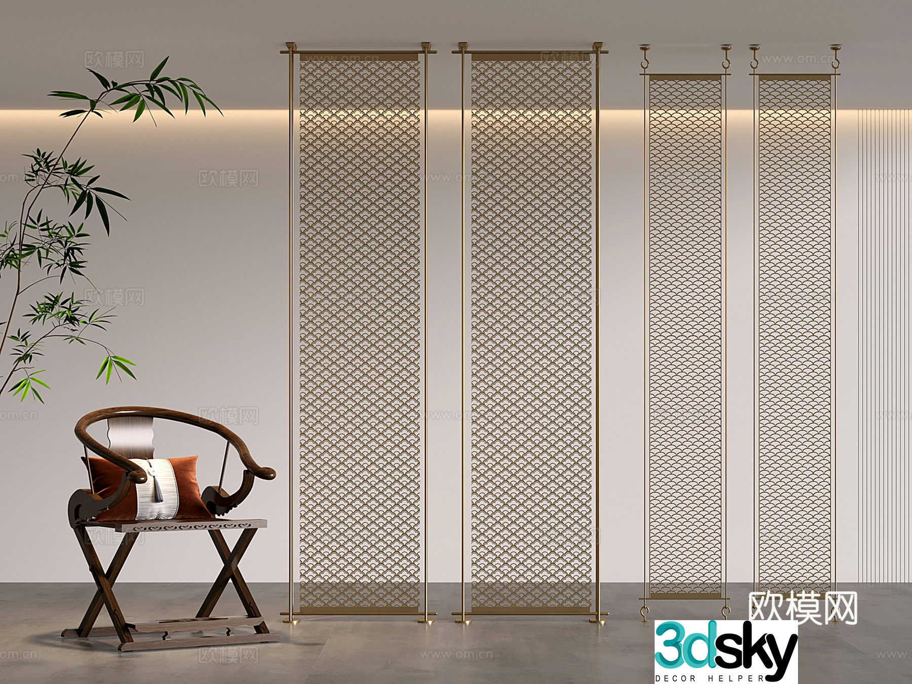 New Chinese-style steel wire mesh partition hollow partition metal screen partition 3D model