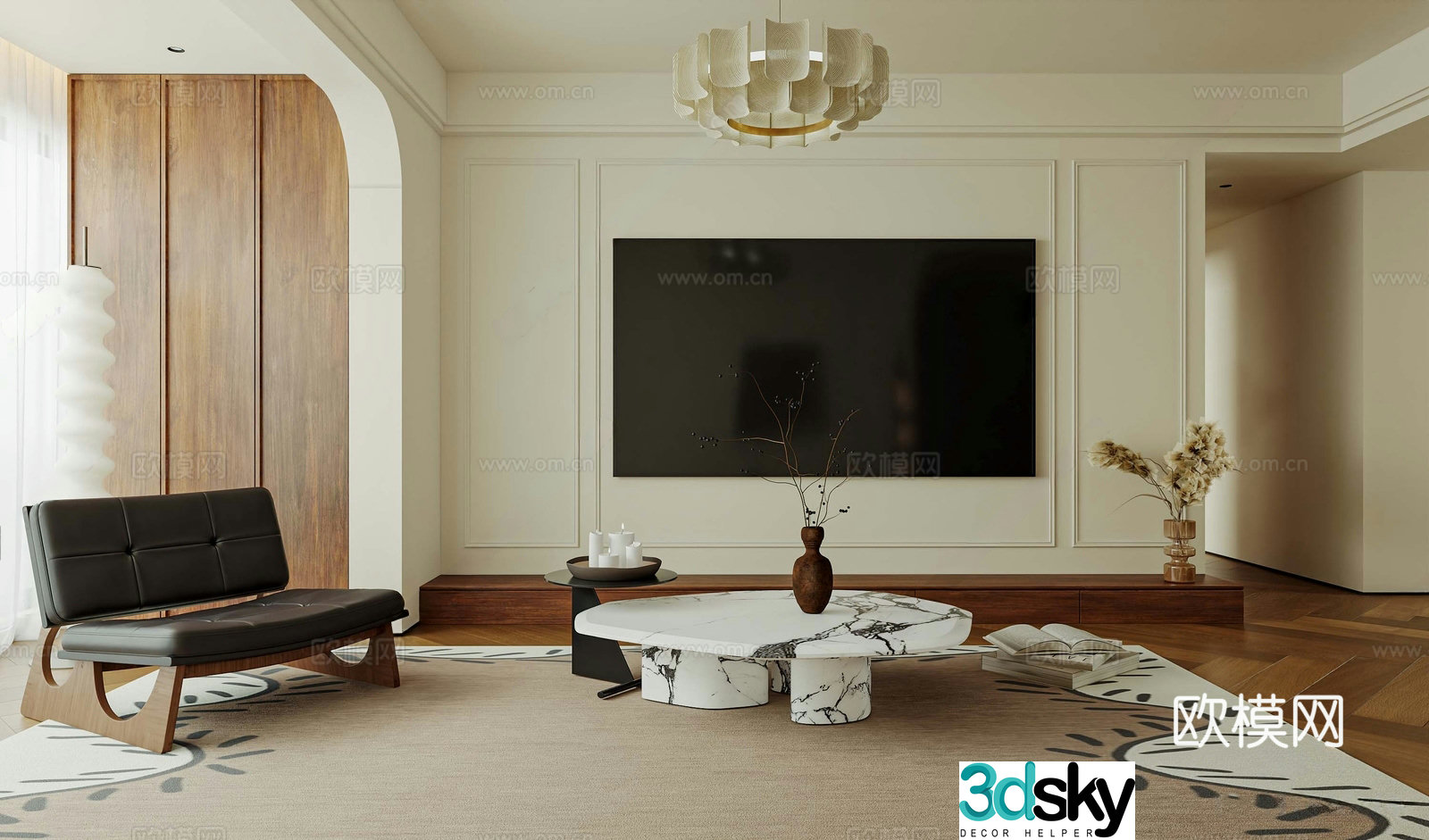 Medium cream home living room sofa coffee table combination TV cabinet TV background wall sofa background 3d model