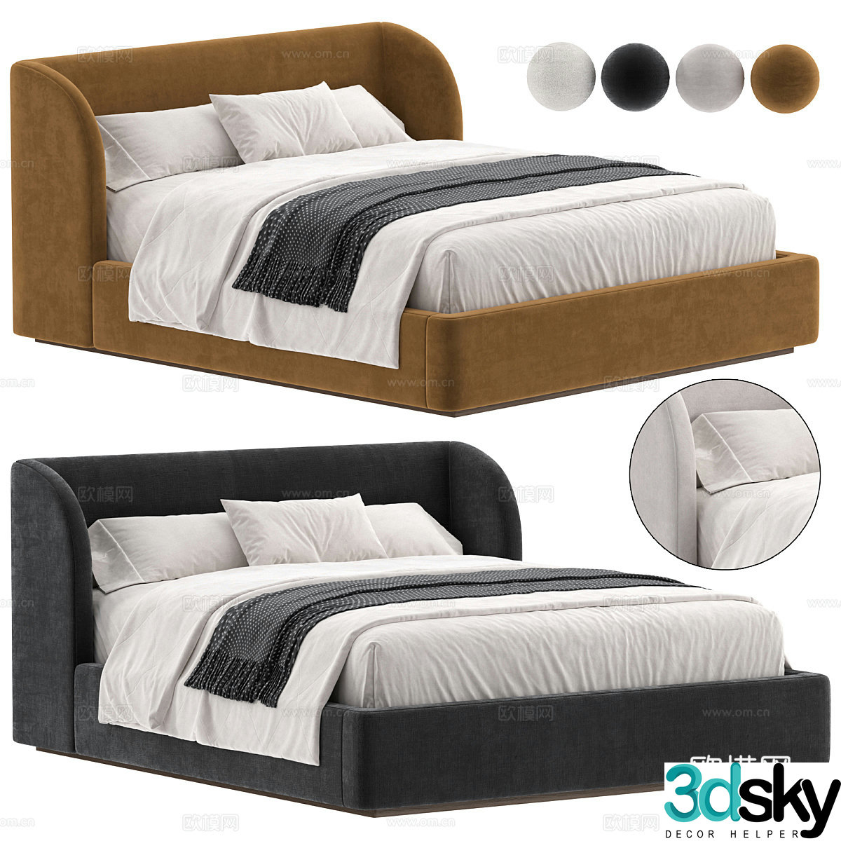 Modern Italian cream style fabric double bed 3d model