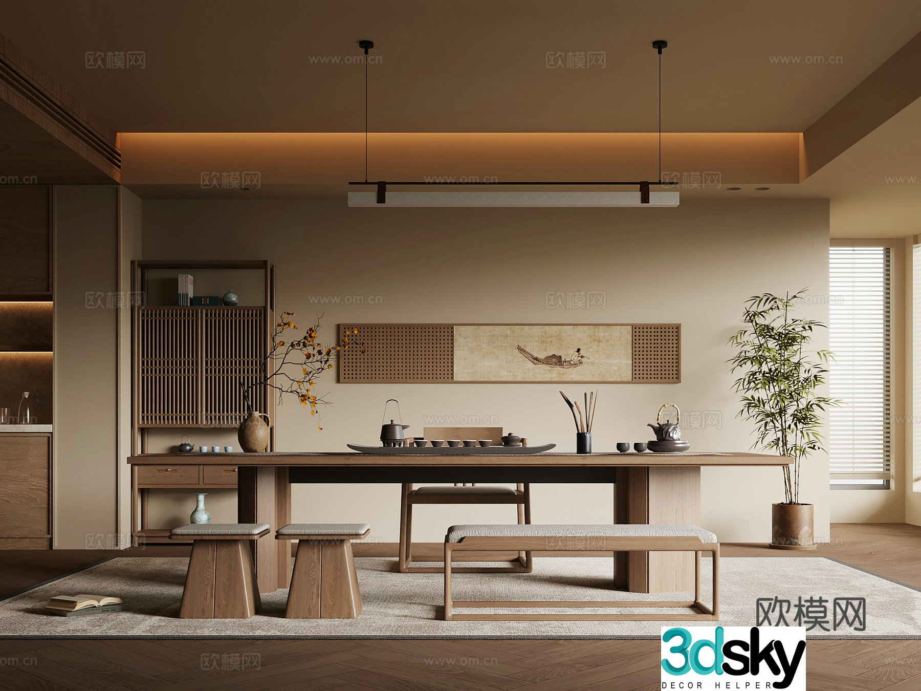 New Chinese-style tea room tea table and chair Bo Gu shelf 3D model