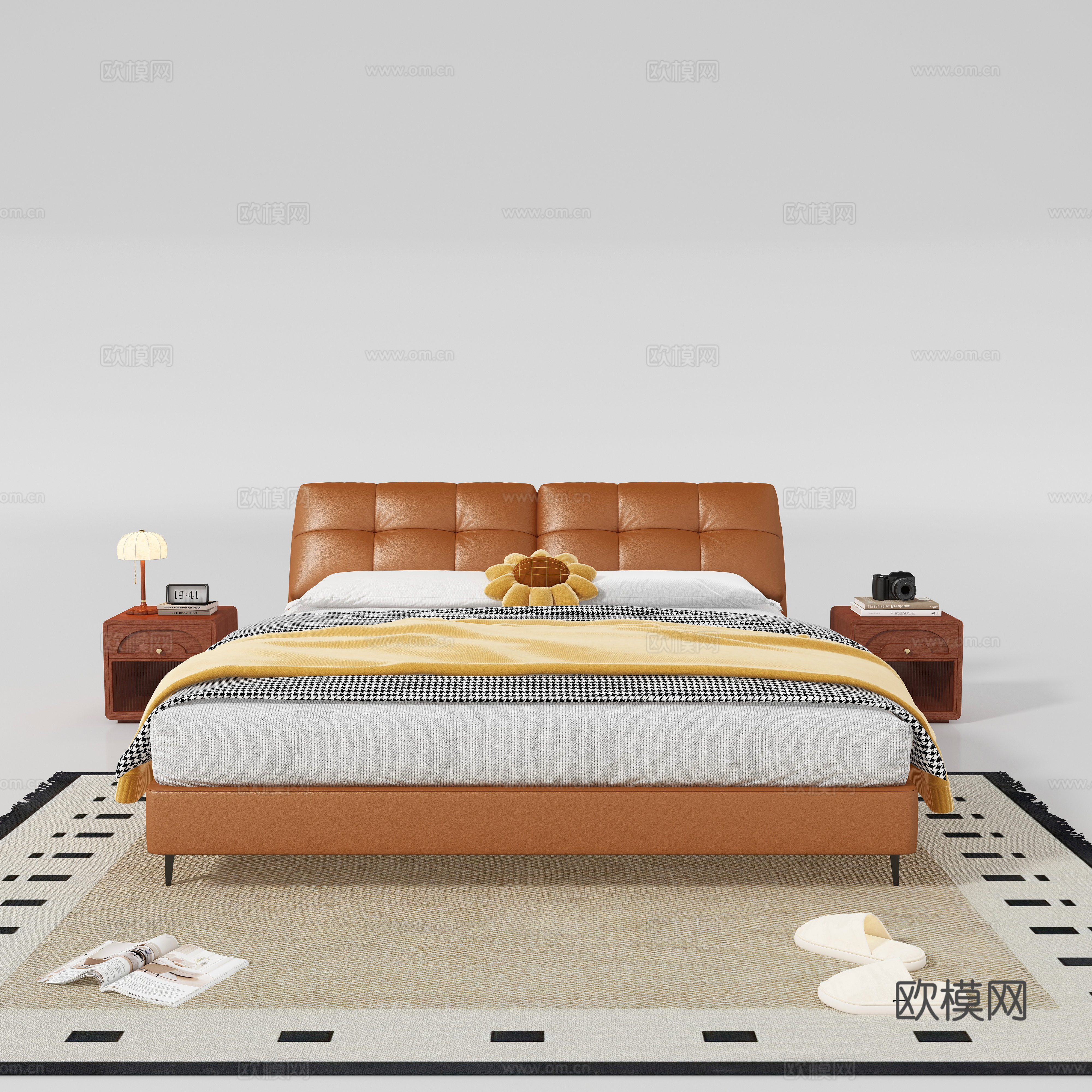 Modern double bed nightstand combination 3D model