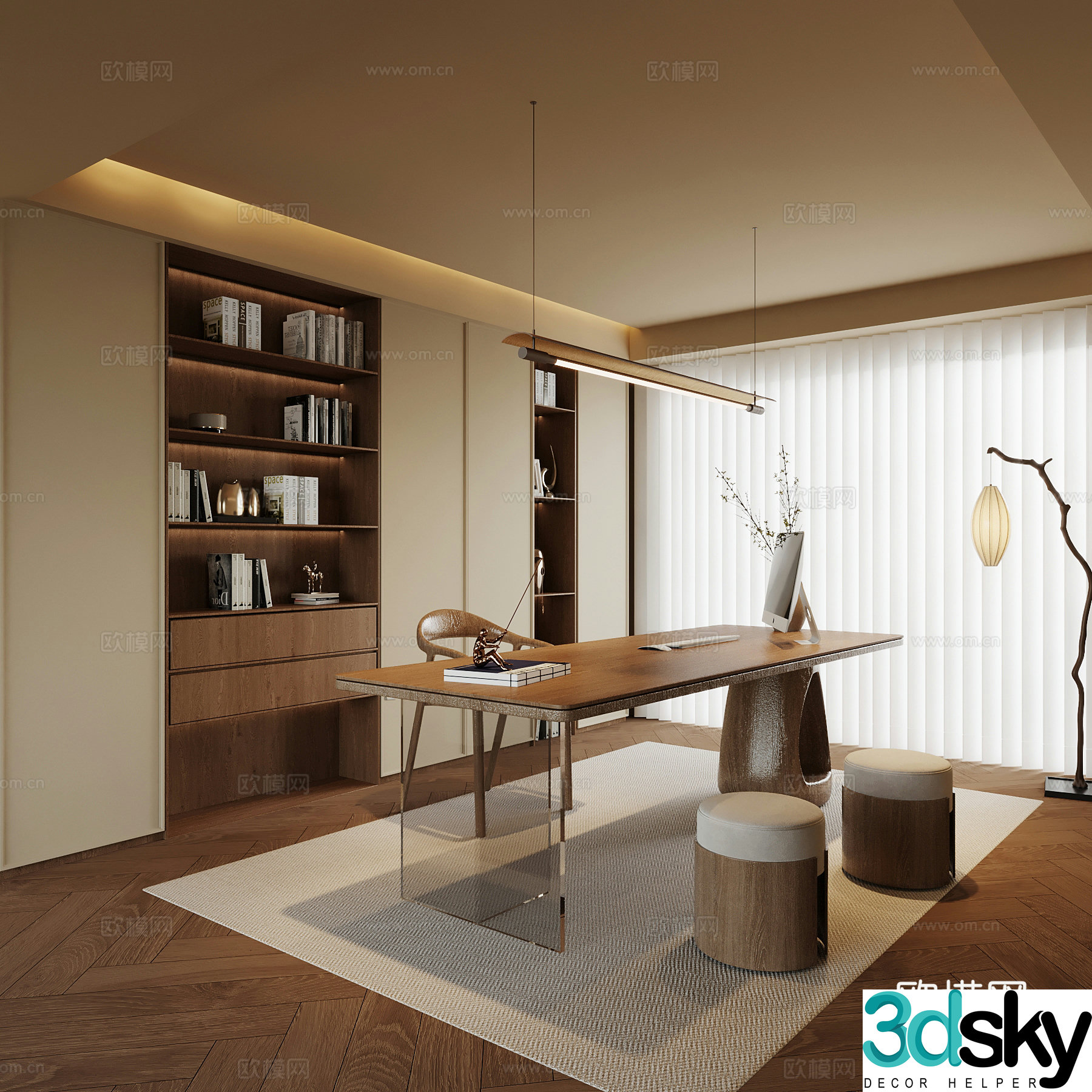 New Chinese style study desk and chair 3D model