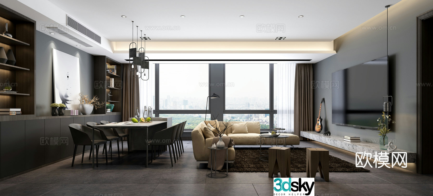 Modern black white and gray living room 3d model