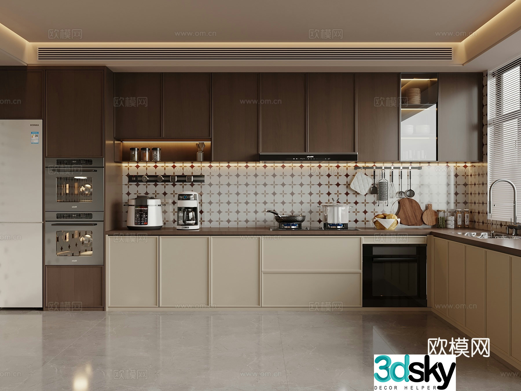 Middle style kitchen refrigerator range hood 3d model
