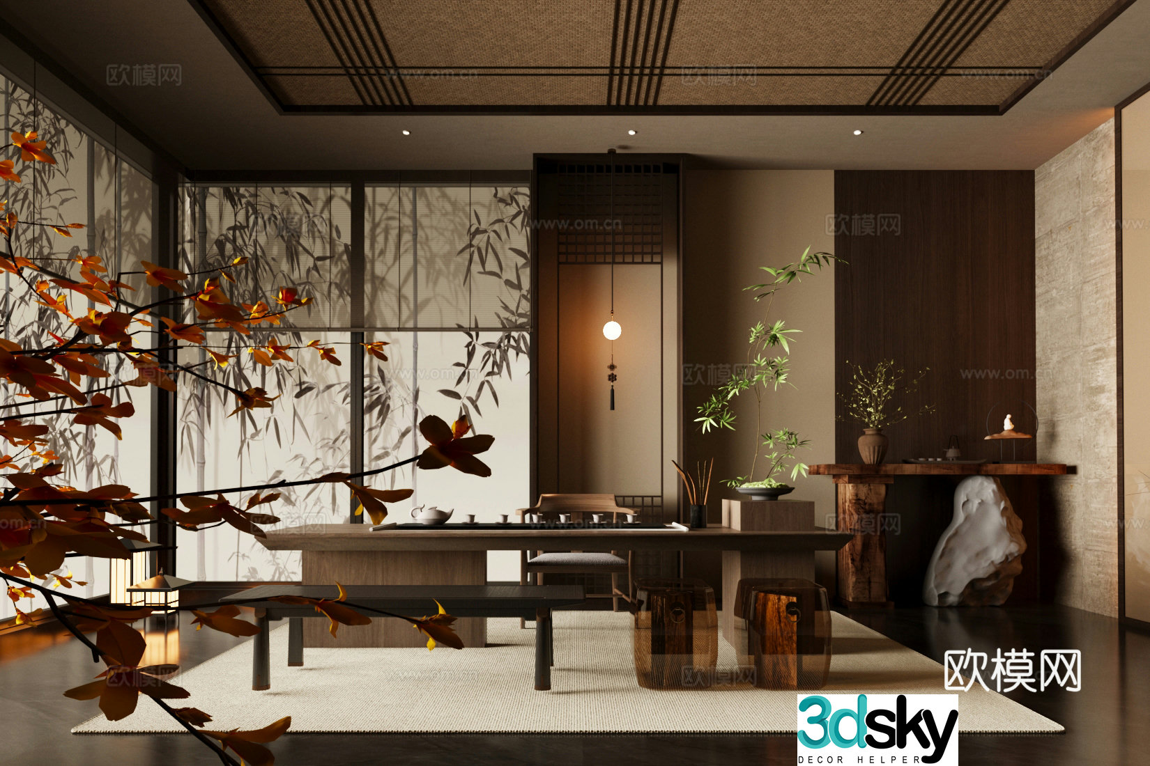 New Chinese style Zen tea room solid wood tea table and chair tea tasting area balcony tea room tea cabinet sideboard cabinet 3D model