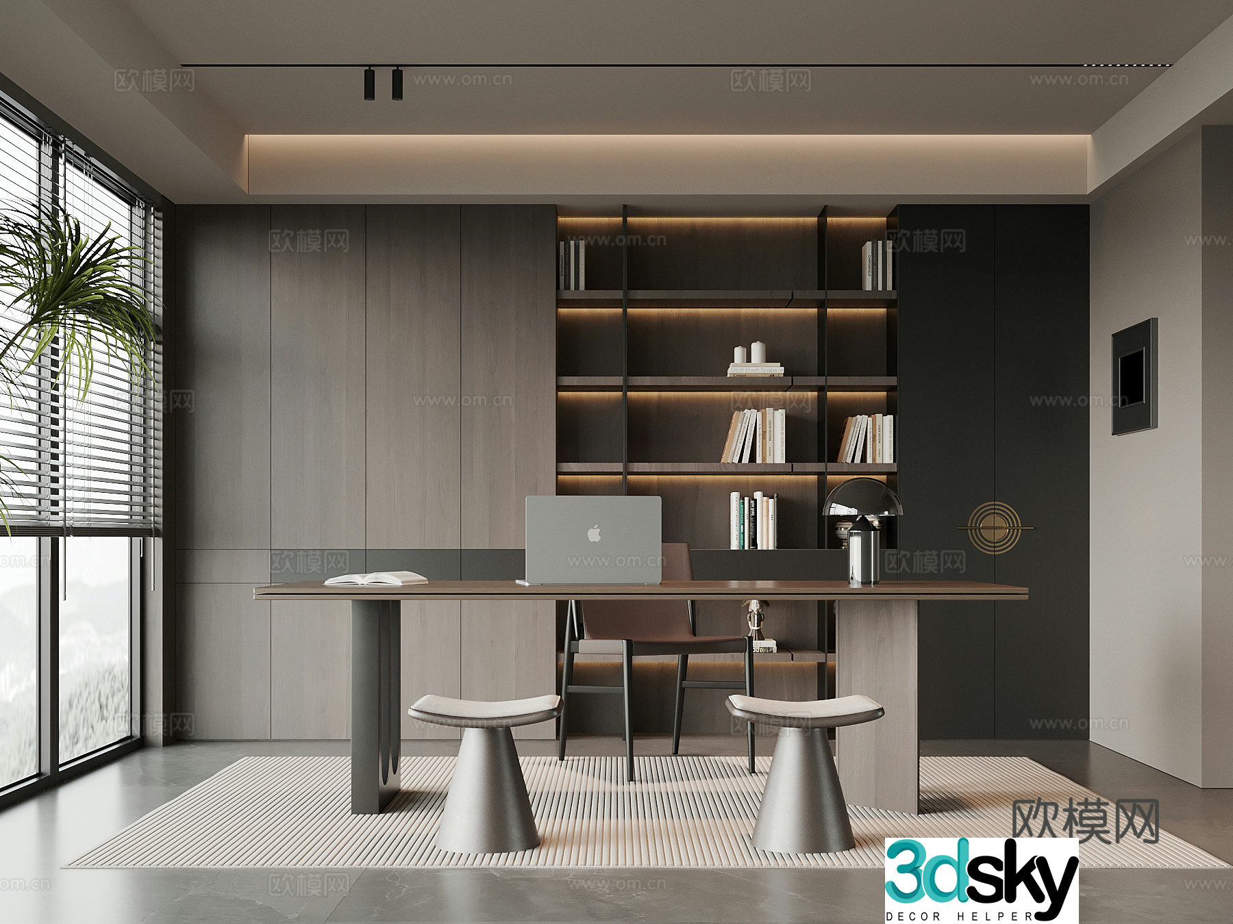 Modern Italian study bookcase desk and chair 3d model