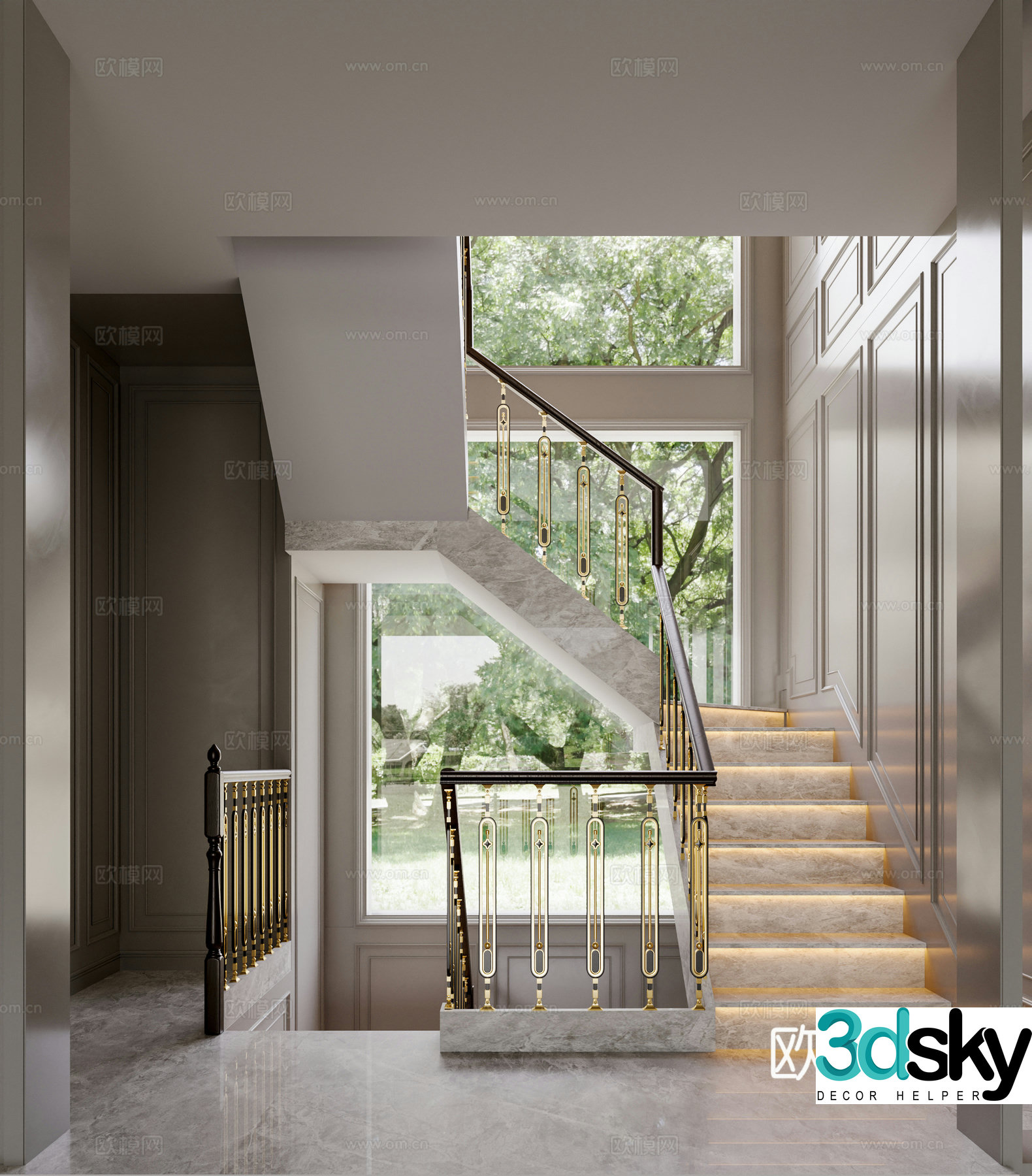 Modern stairwell Special-shaped handrail Wall panel 3D model