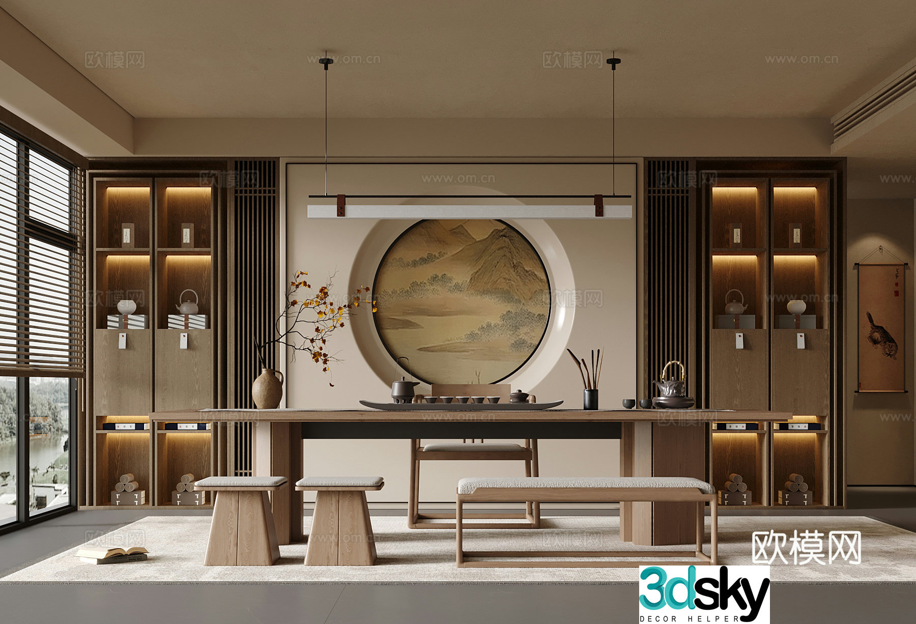 New Chinese-style tea room tea cabinet tea table and chair 3D model