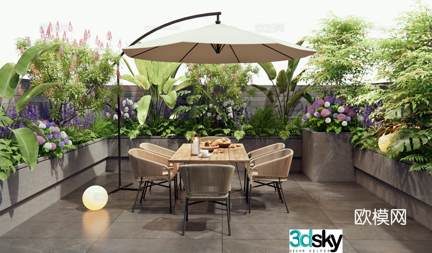Modern villa balcony terrace landscape courtyard garden roof garden outdoor table and chairs flowers and plants 3d model