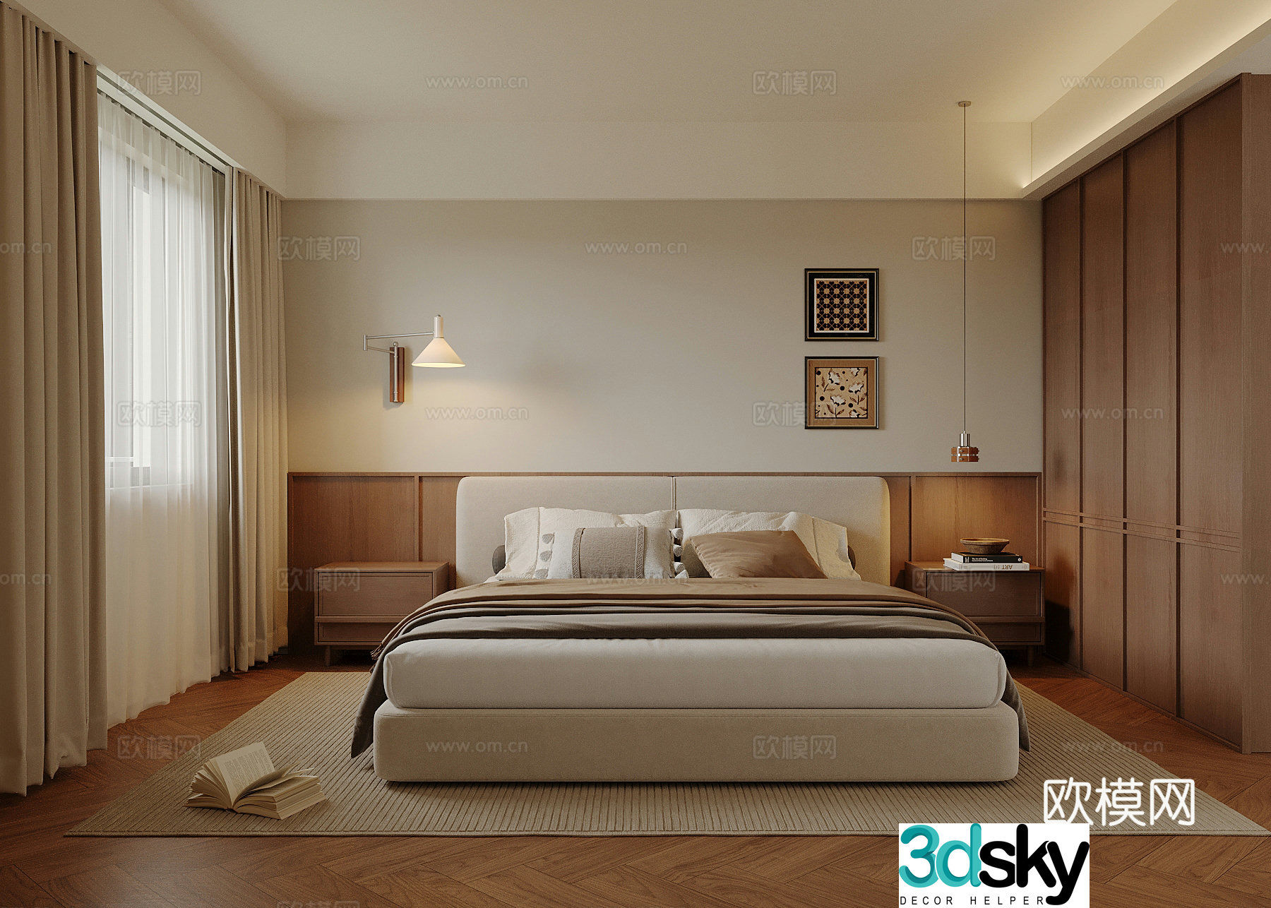 Middle style bedroom double bed wardrobe 3d model