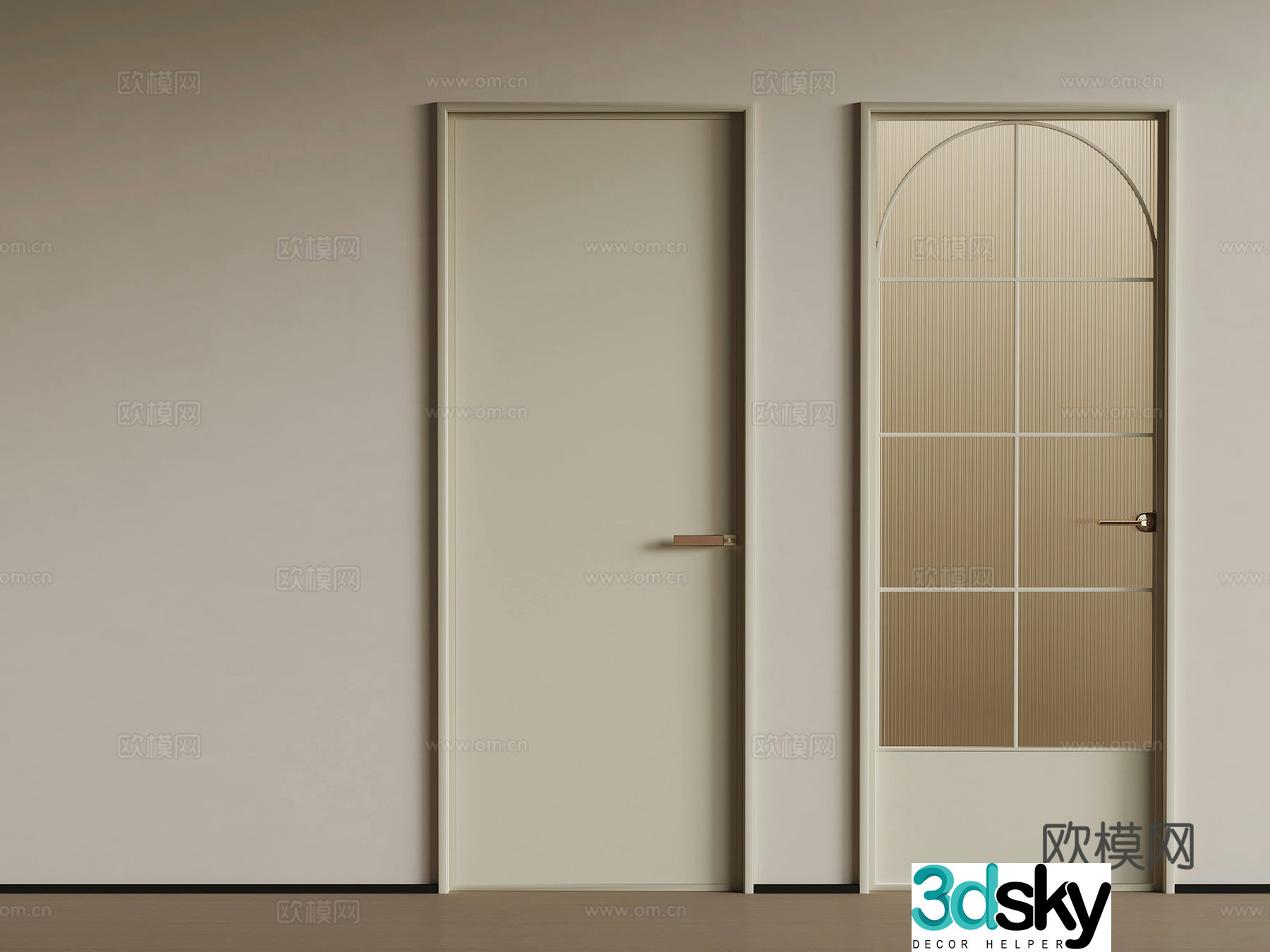 Modern cream style single-open door glass door 3d model