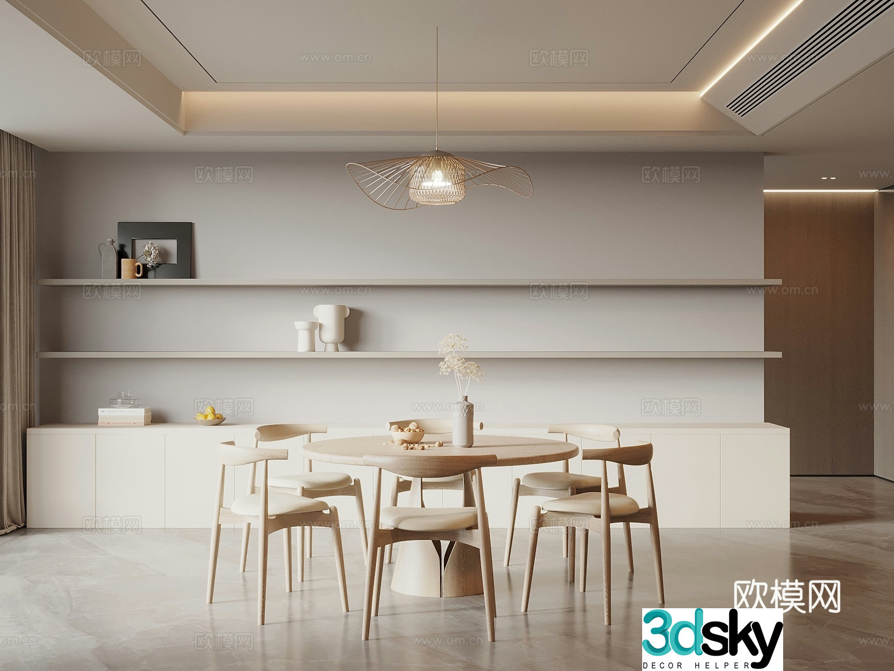 Modern log style restaurant dining table and chair combination sideboard wine cabinet art chandeliers 3D model