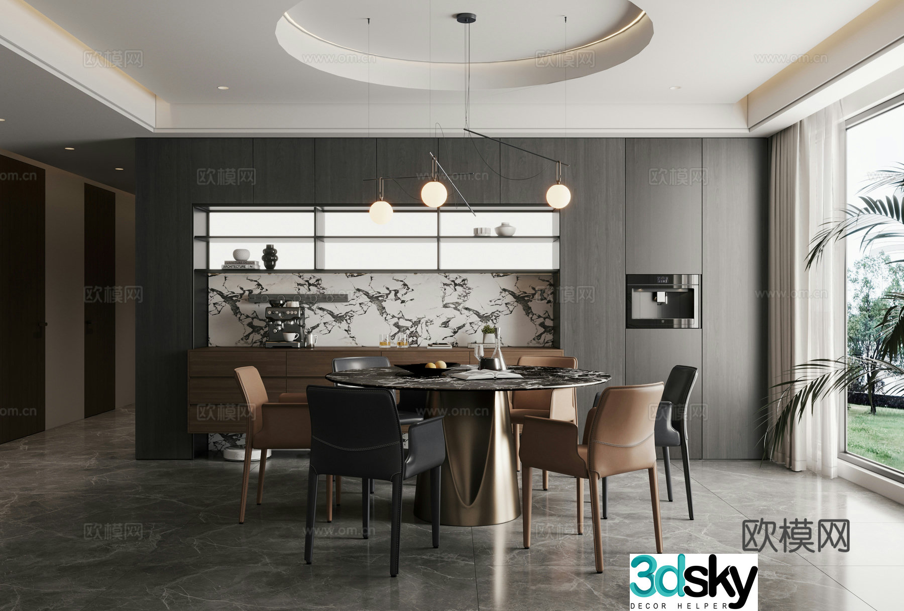 Italian minimalist round restaurant round dining table and chairs Modern simple round restaurant 3D model