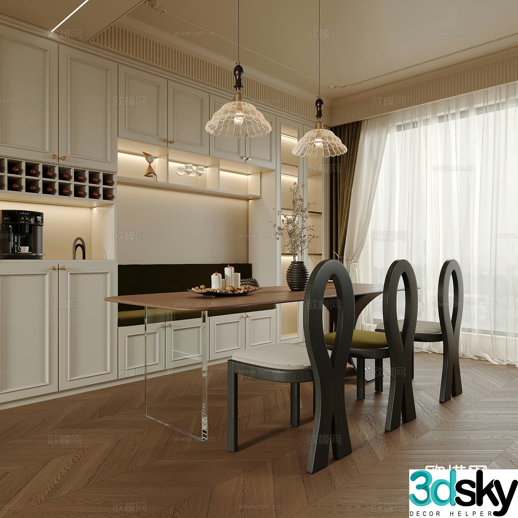 French restaurant cabin wine cabinet dining table and chair 3D model