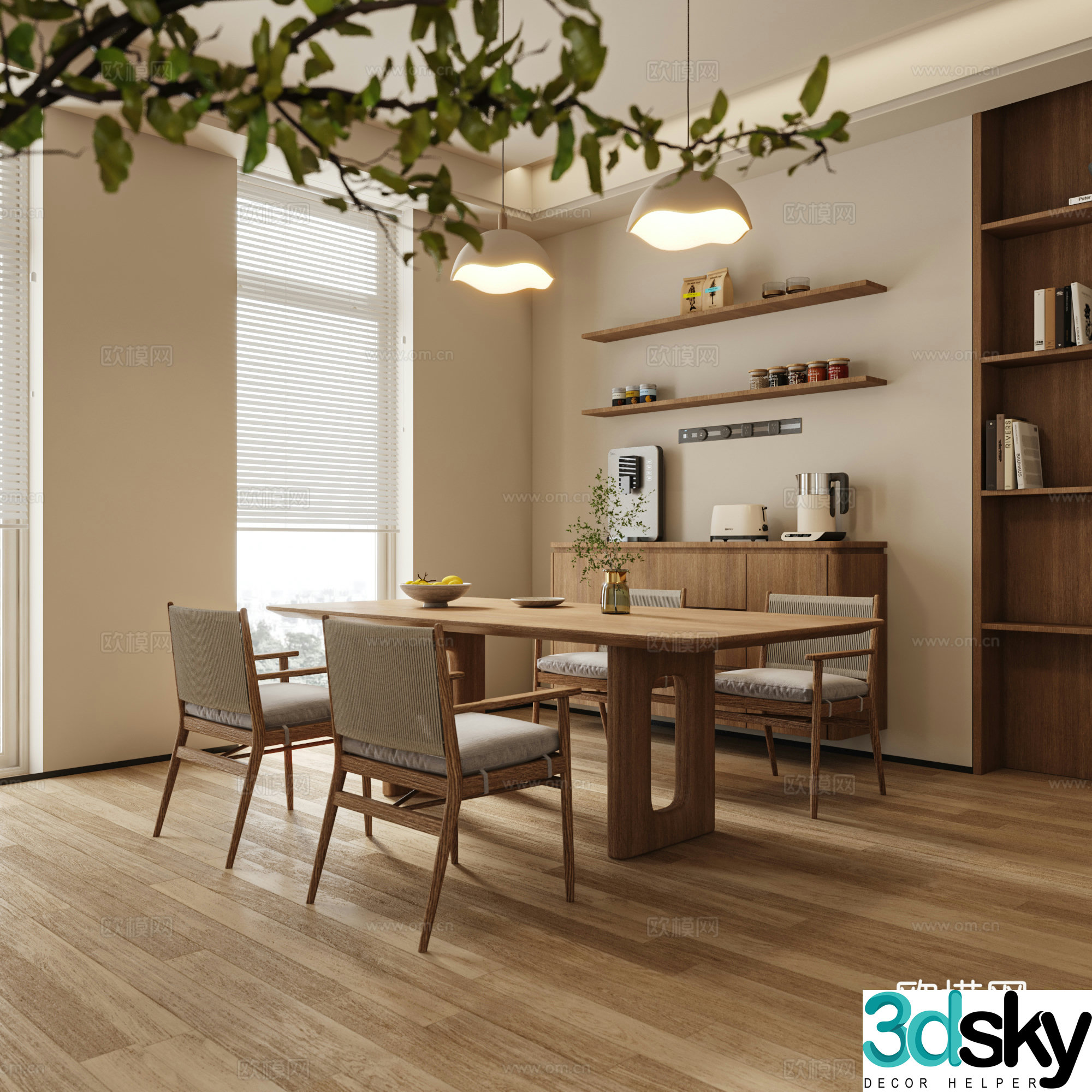 Nordic restaurant Nordic dining table and chair combination Log style dining table and chair 3D model